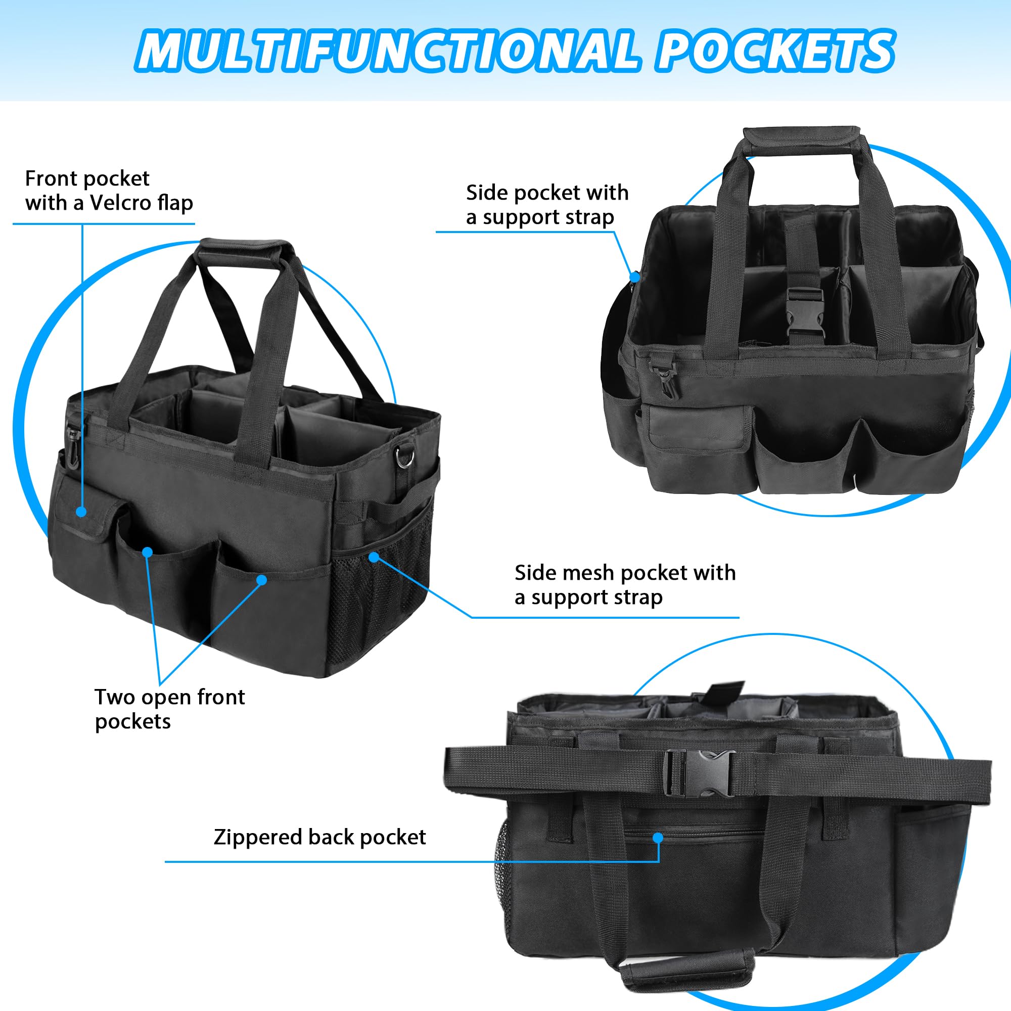Organiseur de nettoyage avec bretelles réglables, grand sac caddy pour la maison, les fournitures de nettoyage de voiture, sac à main de ménage (noir)