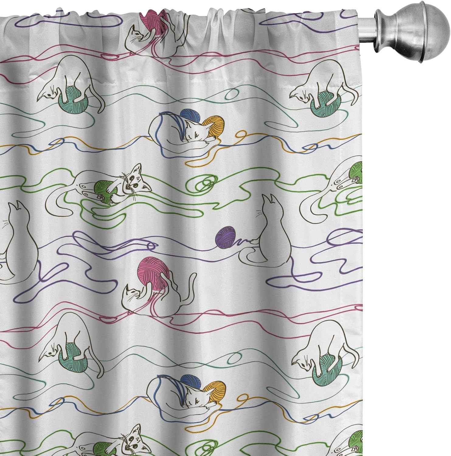 Ambesonne Kitten Curtains, Hand Drawing Style Cats Playing with Colorful Balls of Yarn Kitties Having Fun, Window Treatments 2 Panel Set for Living Room Bedroom, Pair of - 28" x 95", Multicolor