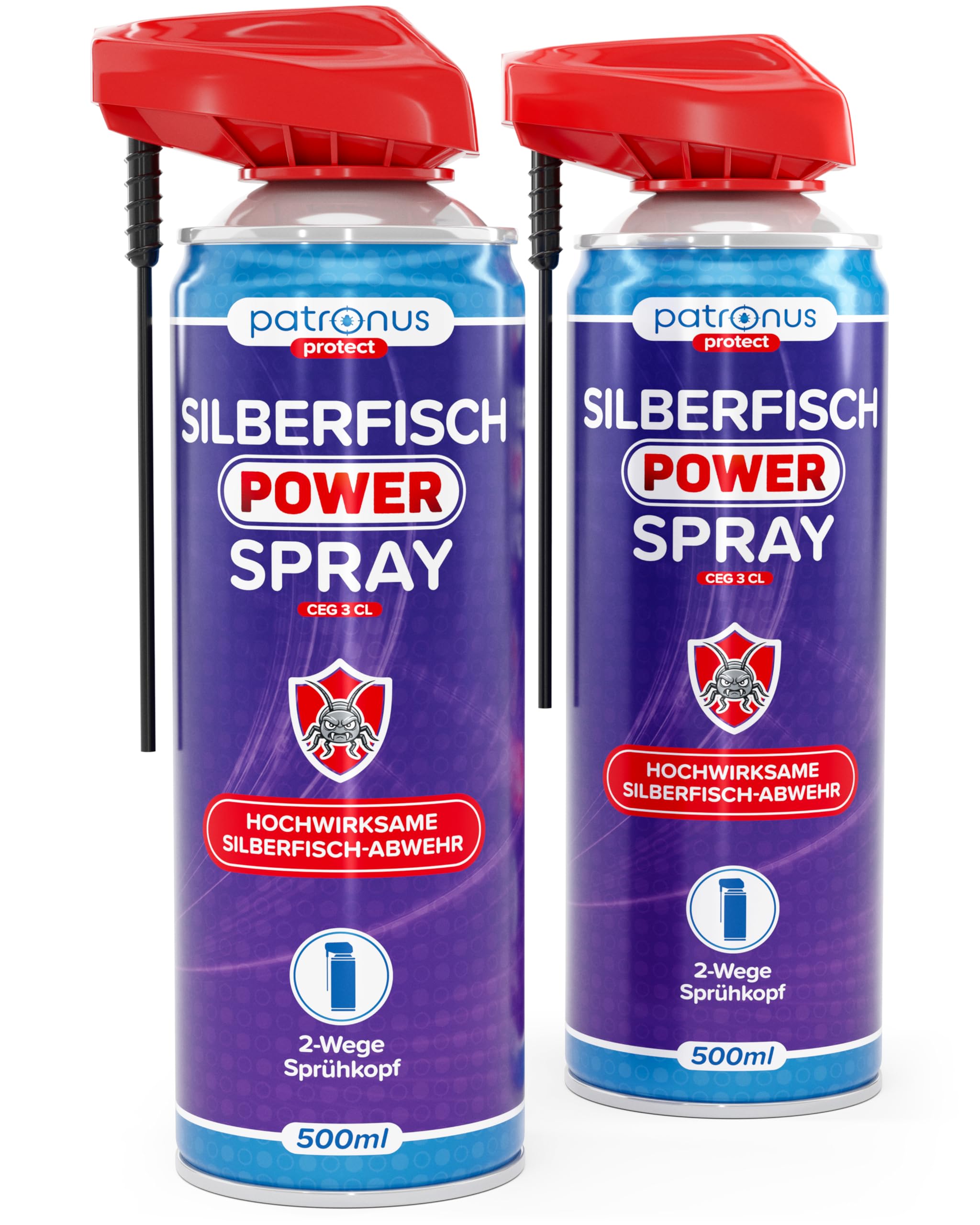 Patronus Silberfisch Power Spray mit Sofortwirkung 2x 500 ml - effektives Abwehr-Mittel gegen Silberfische & Papierfische mit Sprühlanze - hochwirksame Alternative zu Silberfisch-Köderdose & Fall