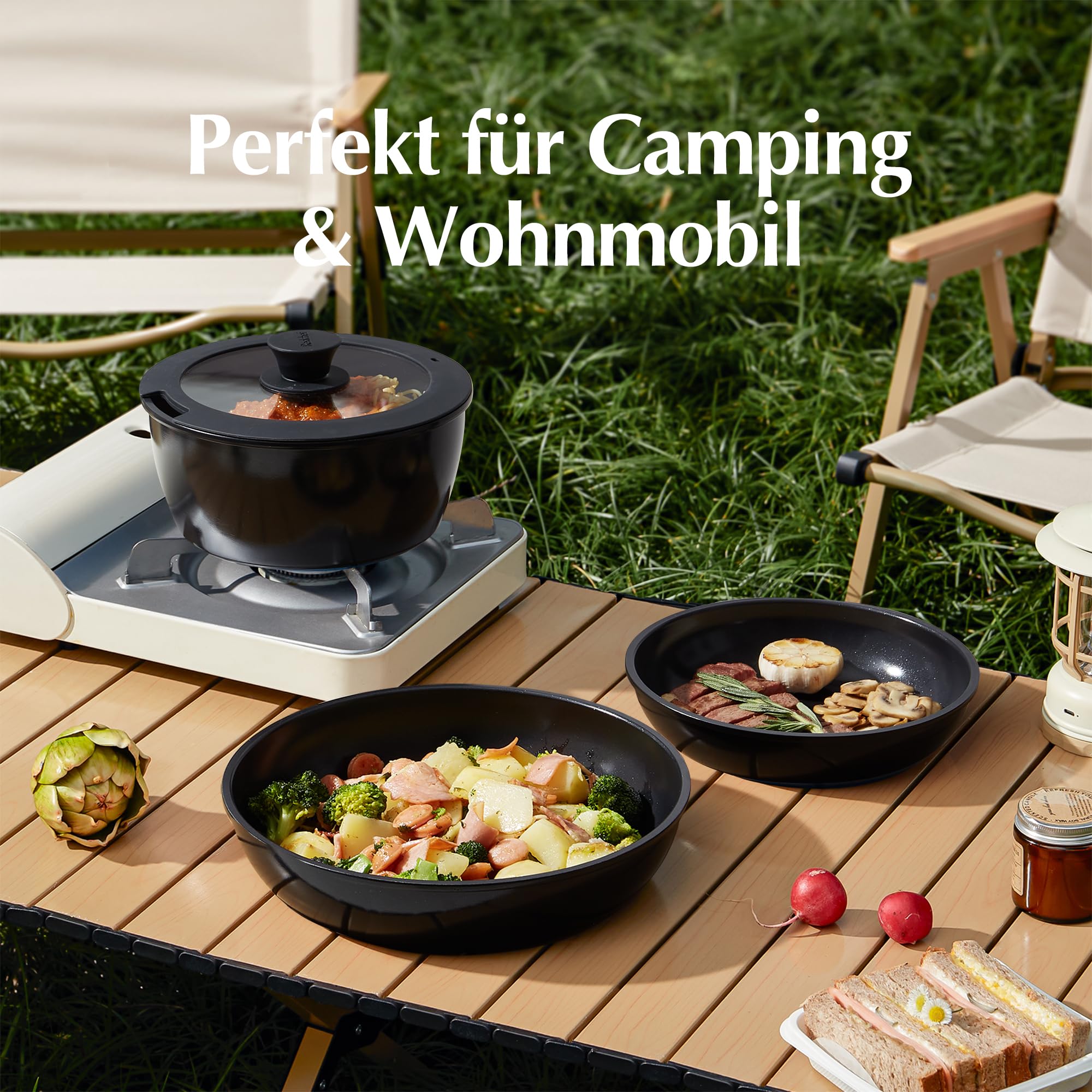 Redchef Set Di Padelle Da 16 Pezzi, Antiaderente In Ceramica, Con Manici Rimovibili, Padella Da 20/26 Cm, Padella Da 26 Cm, Pentola Da 18/20 Cm, Impilabile Per Tutti I Piani Cottura, Forno, Nero