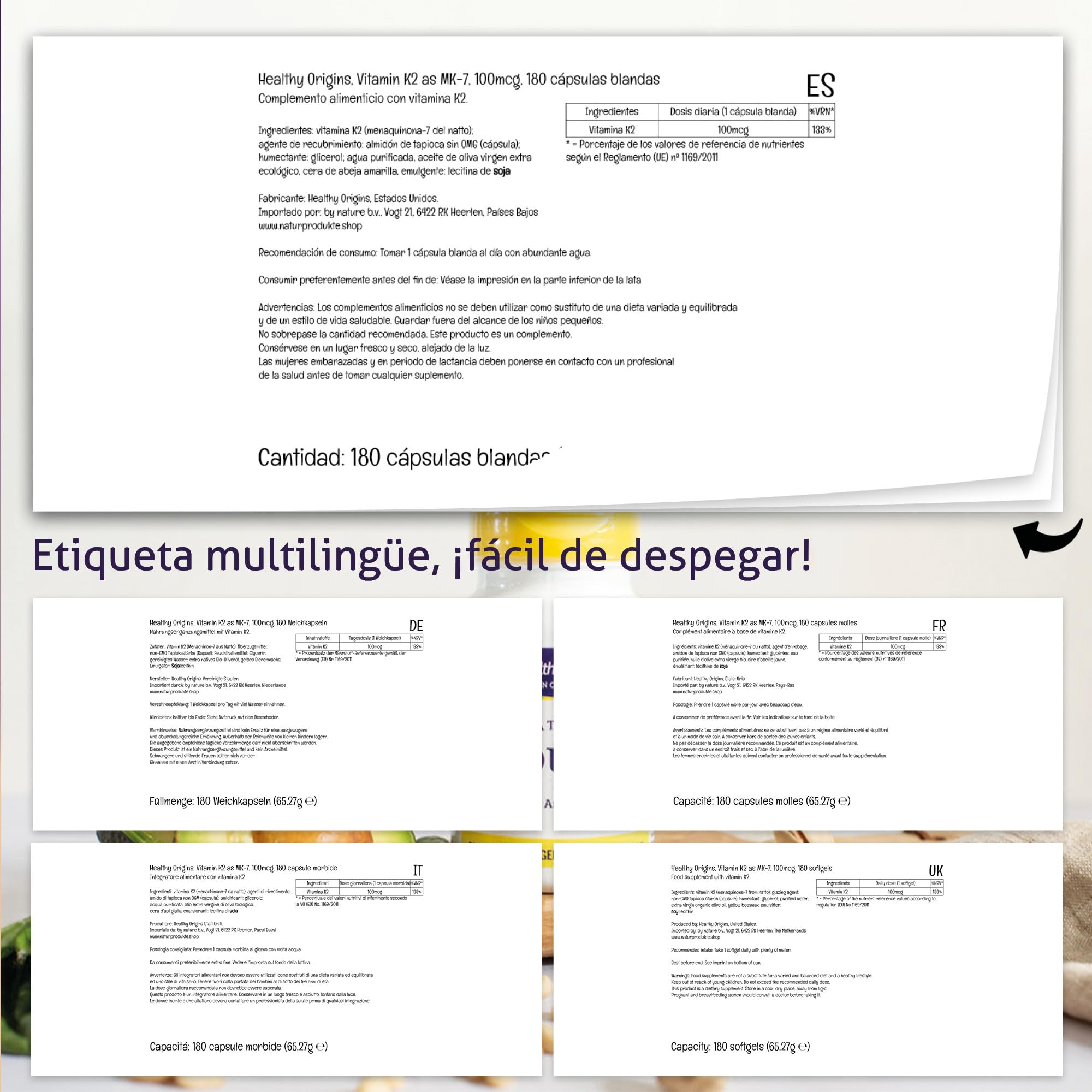 Healthy Origins, Vitamina K2 como MK7, 100mcg, 180 Cápsulas blandas vegetarianas, Probadas en Laboratorio, Altamente Dosificadas, Sin Gluten, Sin Soja, No GMO
