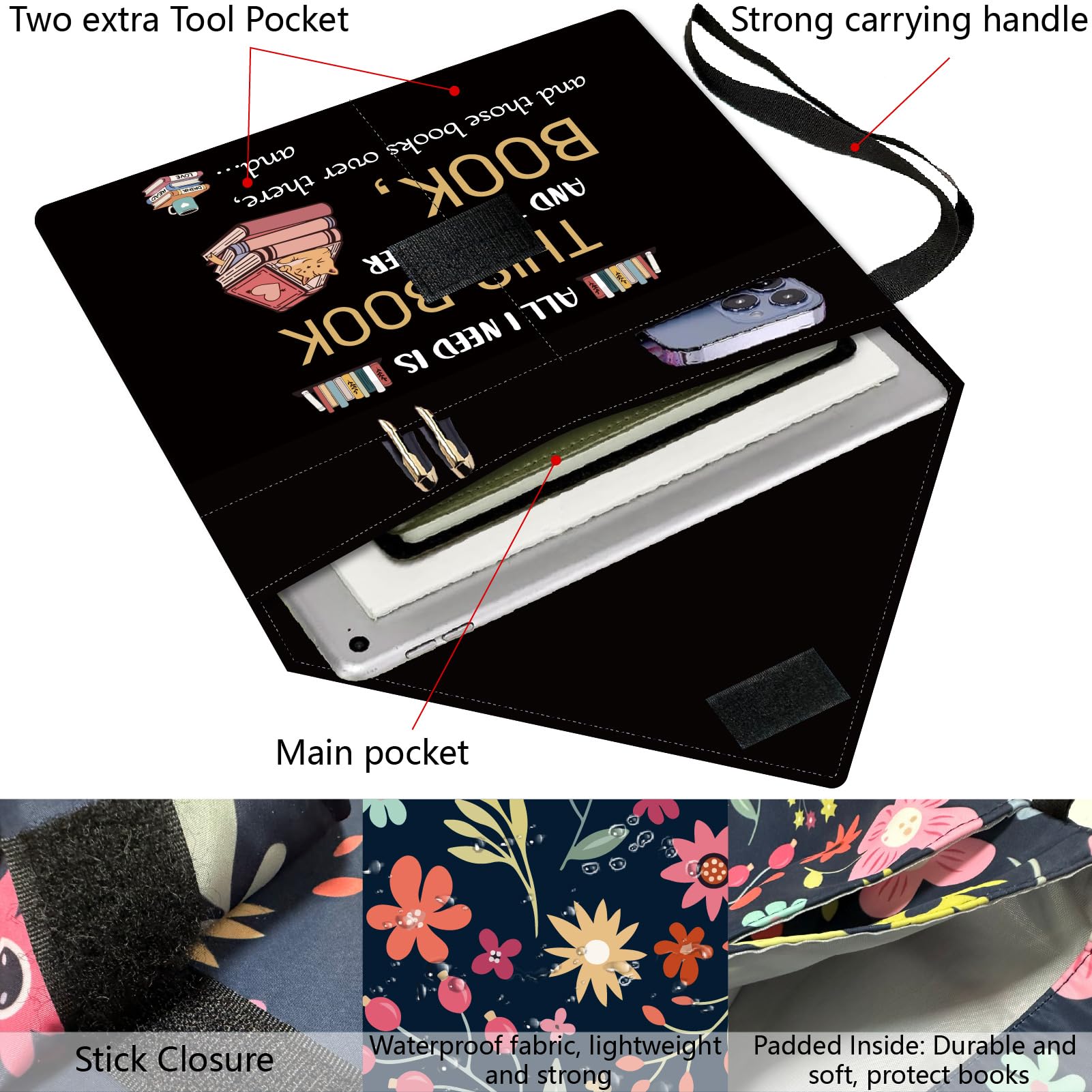 CRASPIRE Word Book Covers Cat Black Book Sleeve 11.6 X 9.3 Inch Book Protector for Paperbacks Washable Fabric Cloth Book Cover with Handle and Extra Sleeve Pocket for Book Lovers Classmate Gifts - Image 4
