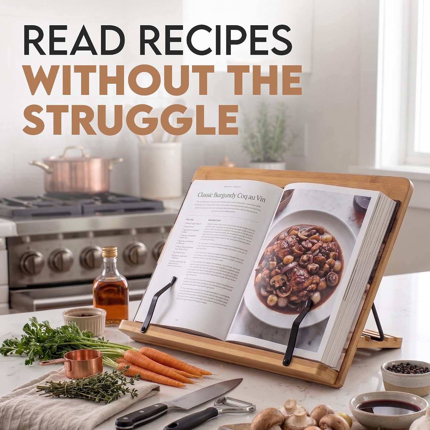 Bamboo Cookbook Stand Medium, Adjustable Book Holder Tray and Page Paper Clips - 4-Position Recipe Book Stand Holds Thick Books for Kitchen Counter, Reading, Studying, Foldable - Medium - Walnut Color