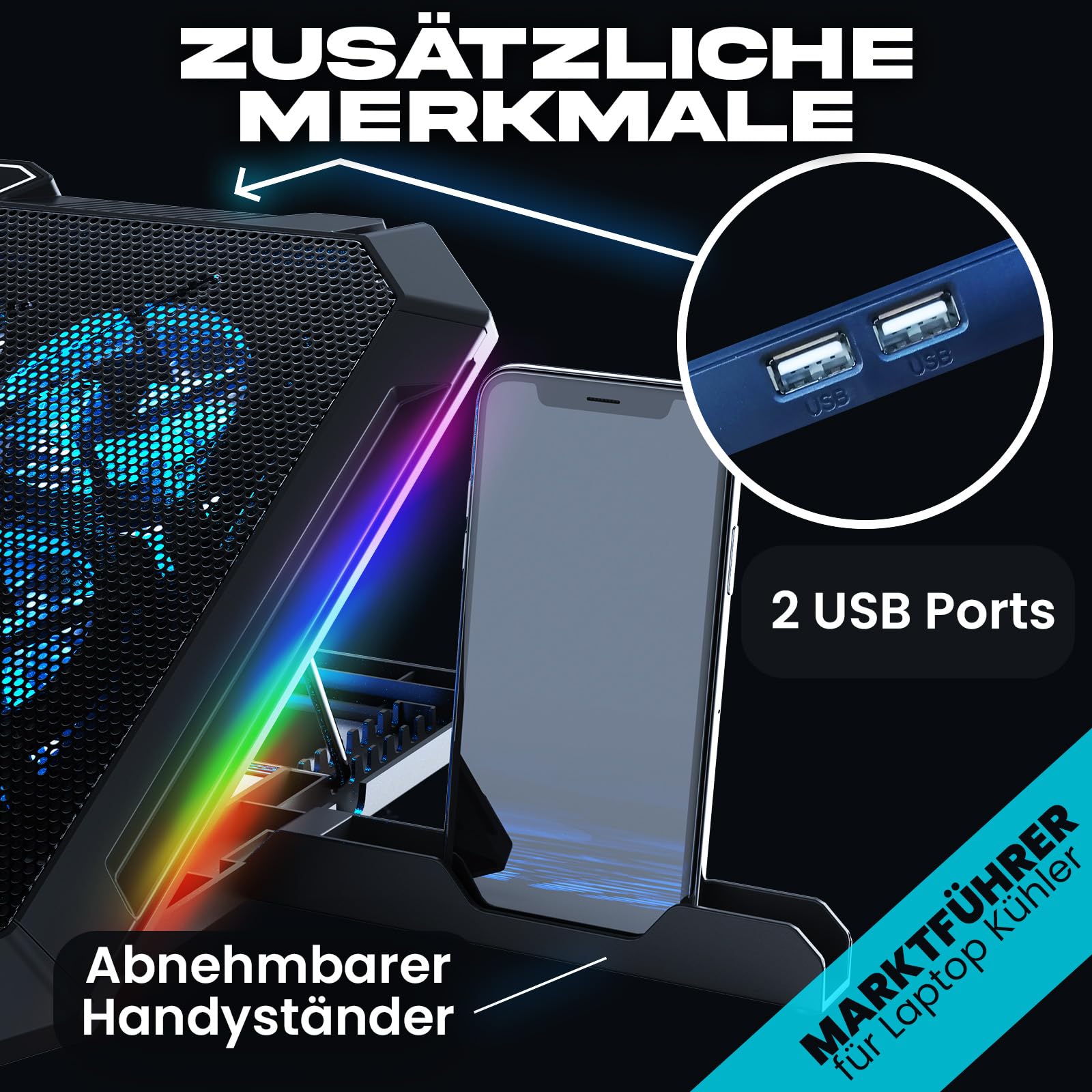 KLIM V8 Gaming Laptop Cooling Pad mit 8 Lüftern - Neu - Gaming Laptop Kühler - Stabiler RGB Notebook Ständer mit Lüfter - Kompatibel bis zu 17" - 2 USB Ports - Handyhalterung - 5 Jahre Schutz