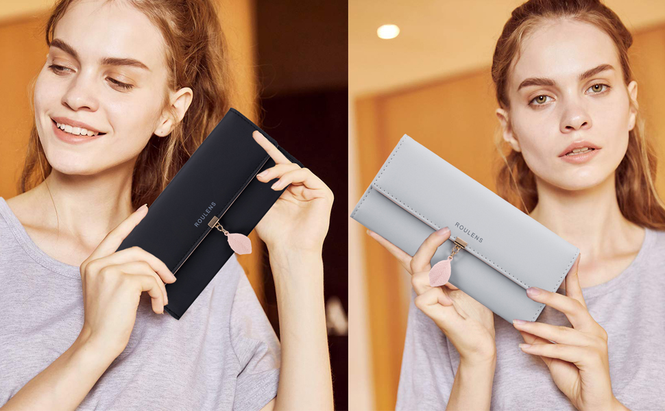 Portafoglio Donna In Pelle PU Con Blocco RFID - Ciondolo Foglia, Multi Tasche, Nero