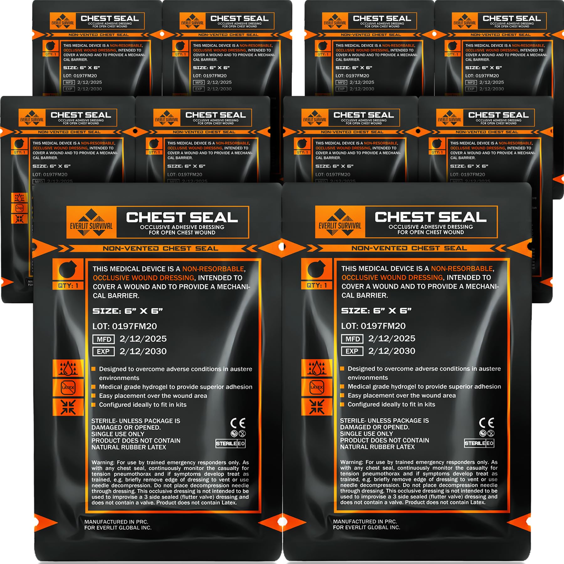 EVERLIT Occlusive Chest Seal Non-Vented Adhesive Dressing for Open Chest Injury and Sucking Chest Wound (10 Count)