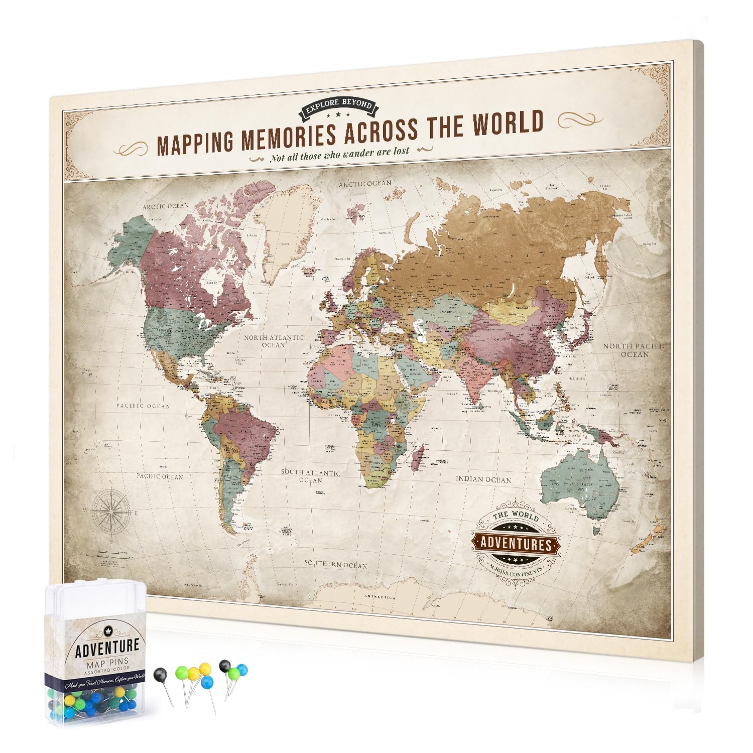DECORARTS World Map Pin Board,Soft Pastel World Travel Map with Pins,35x28