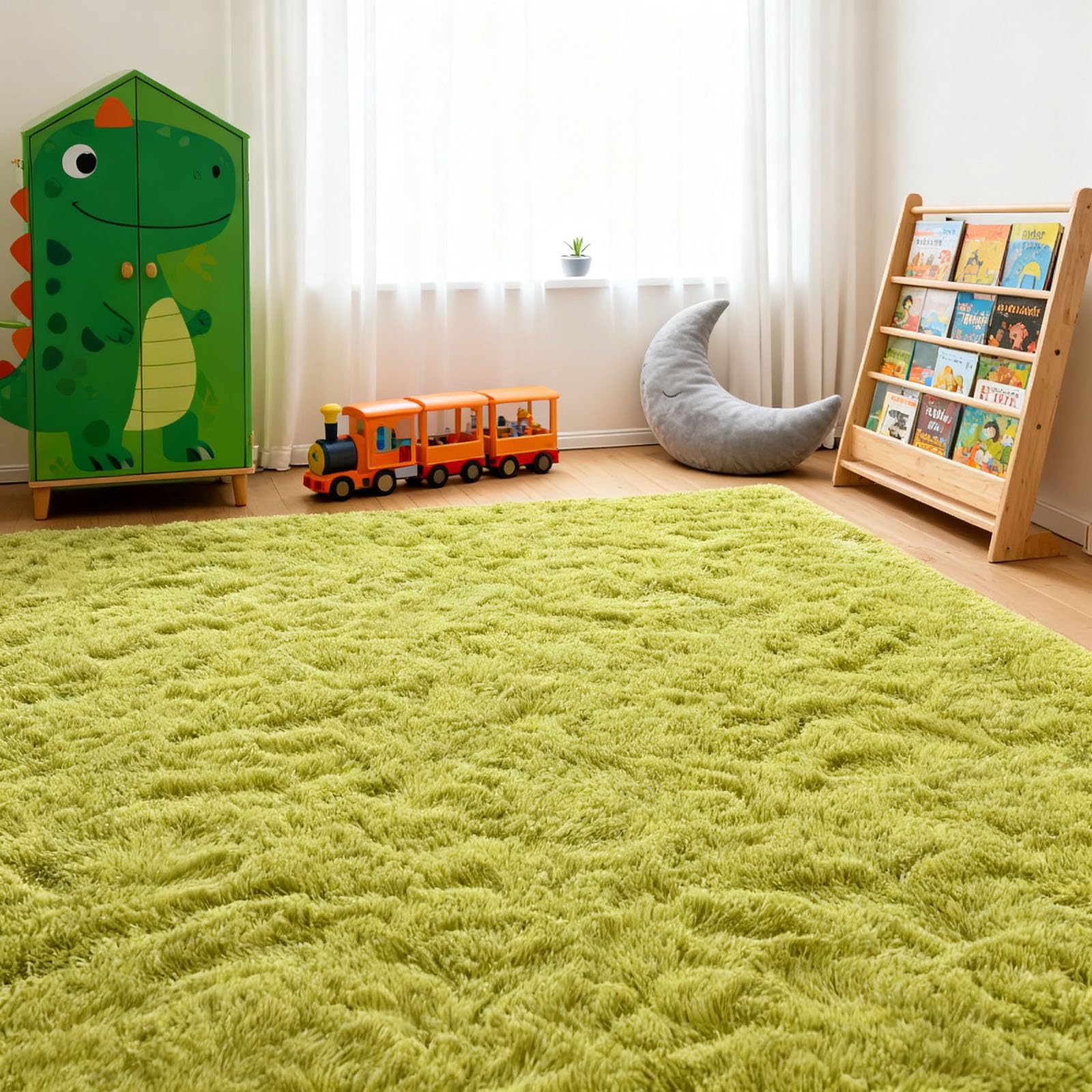 Tapis salon shaggy poil 90x310 cm vert lavable pour couloir et chambre
