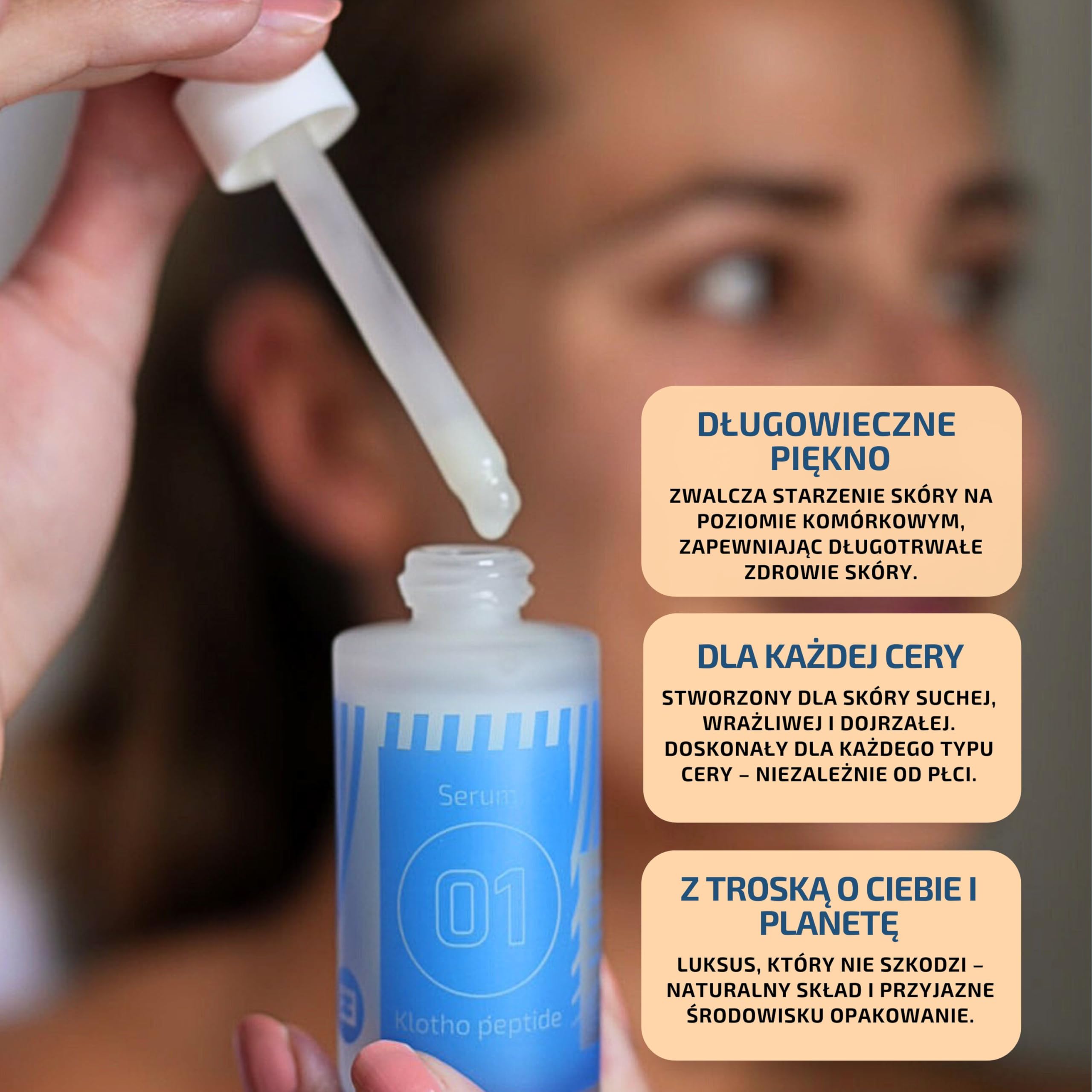 EiE 01 Serum do twarzy z peptydem Klotho – przeciwstarzeniowe i wygładzające z kwasem hialuronowym i retinolem – na zmarszczki i linie mimiczne – wegańskie, bezzapachowe, wyprodukowane w Szwecji 30 ml