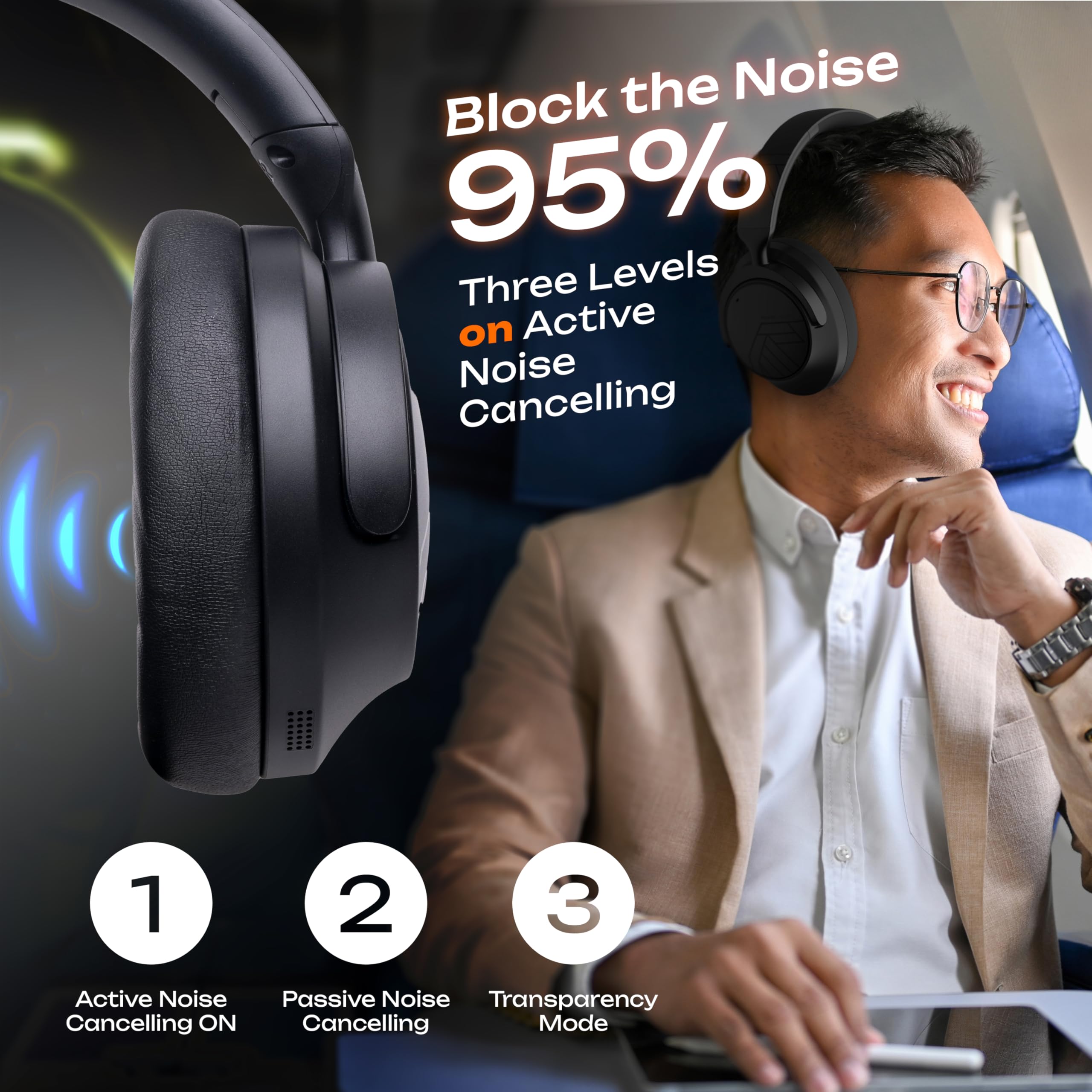 PowerLocus Aktywna redukcja szumów, 70 godzin odtwarzania nauszne słuchawki Bluetooth, bezprzewodowe słuchawki Hi-Fi stereo z futerałem, składane, z mikrofonem do podróży, telefonu komórkowego