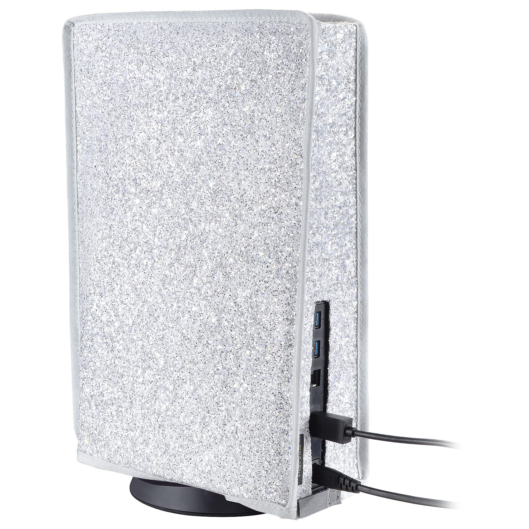 PlayVital Funda Antipolvo Vertical para ps5 - Cubierta Protectora Antirrayas y Anti-Agua, Doble Capa con Forro Suave, Compatible con ps5 Digital & Estándar, Accesorio para Consola (Plata Brillante) - 3