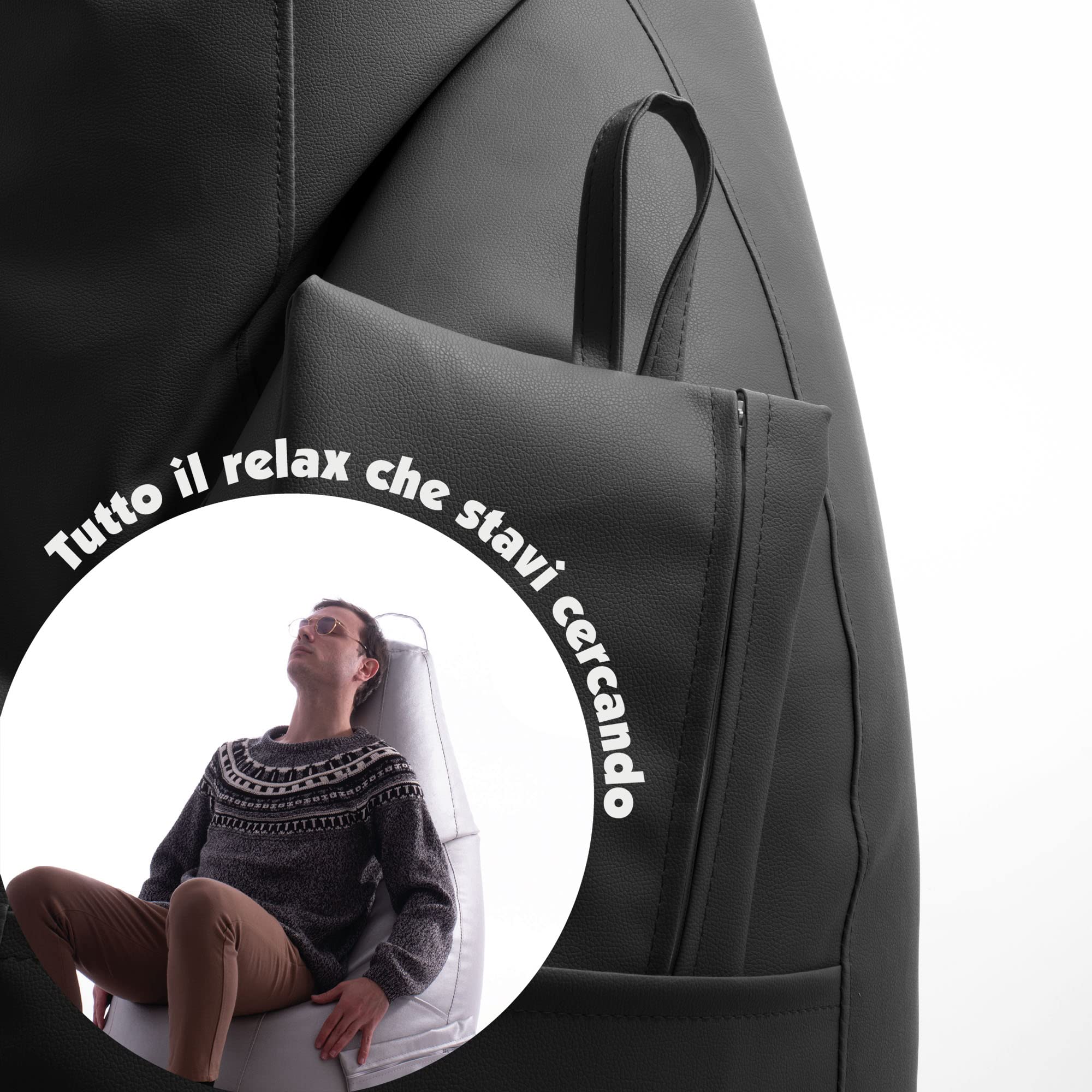 Avalon - Puff Poltrona Sacco Pera in Ecopelle Deluxe, Pouf Sacco di Qualità Sartoriale, Bean Bag per Sedersi Ergonomico, Pouf Sacco Impermeabile, OMAGGIO Pochette-Made in Italy(70x130cm-Nero)