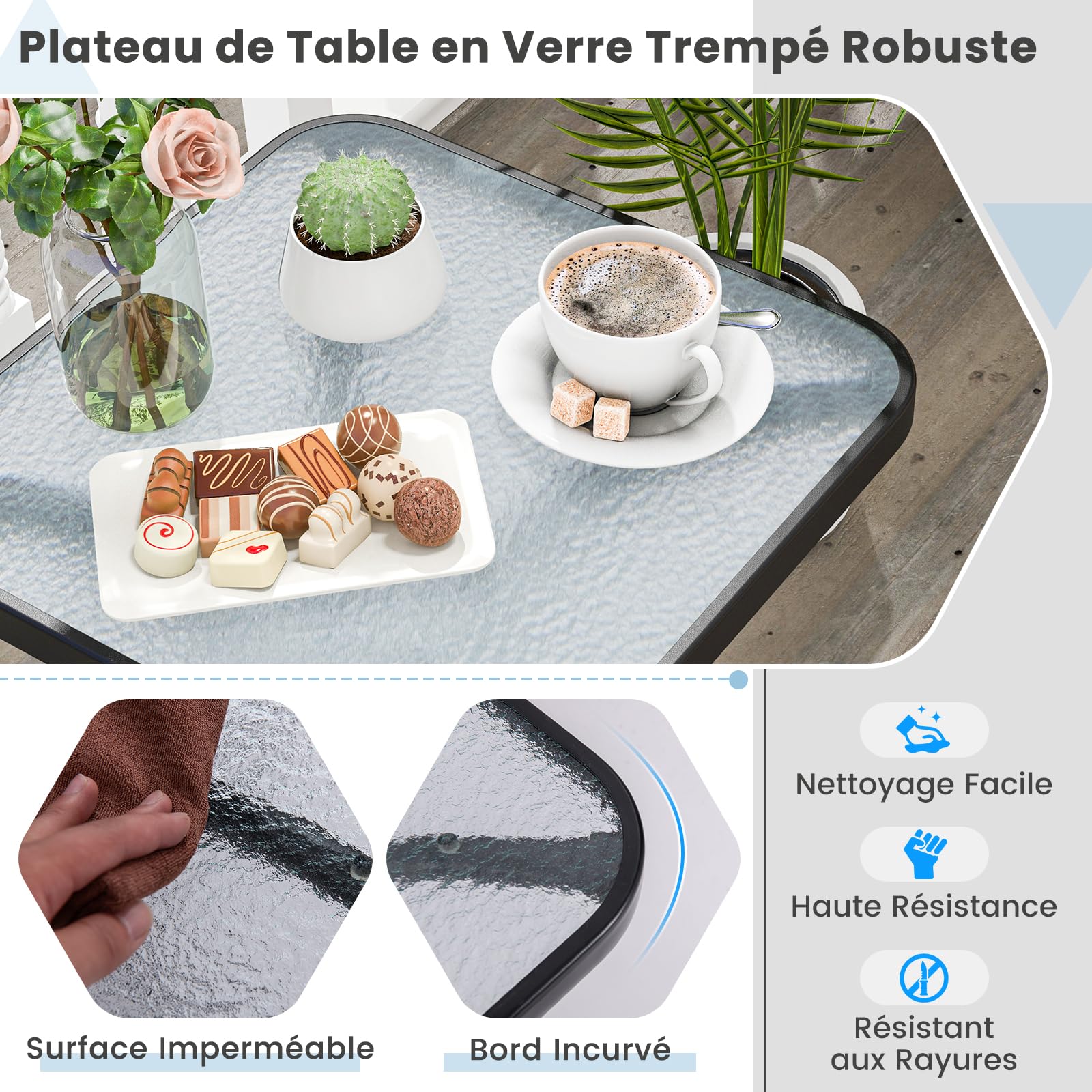 GIANTEX Table Basse Jardin 50 CM, Plateau en Verre Trempé Épaissi, Cadre en Métal Robuste, Charge 100 KG, Table Balcon Extérieur pour Jardin, Balcon, Terrasse, Noir