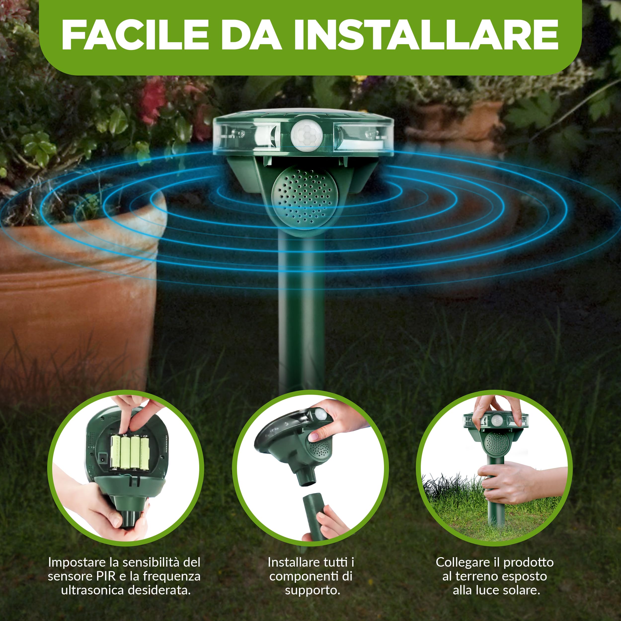 ISOTRONIC repellente animali ultrasuoni gatti cani volpi procioni energia solare picchetto giardino incluso raggio 40m² 2 unità efficace esterno dissuasore protezione difesa ecologico stop mobile