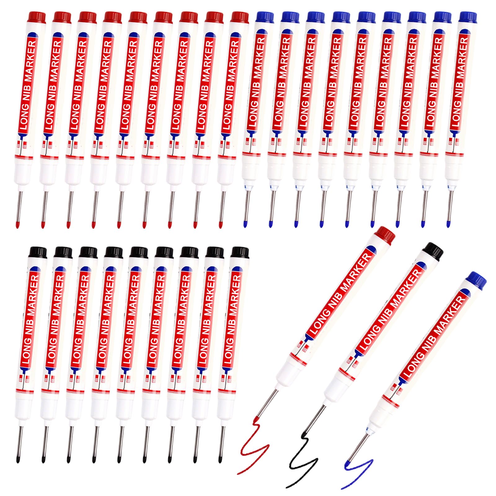 DRADERCH 30 Pezzi Pennarelli per Fori Profondi, 22mm Marcatore a Testa Lunga,Pennarello Indelebile a Punta Fine,Pennarello Falegname, per Legno, Plastica, Muro, Metallo,Nero,Blu,Rosso