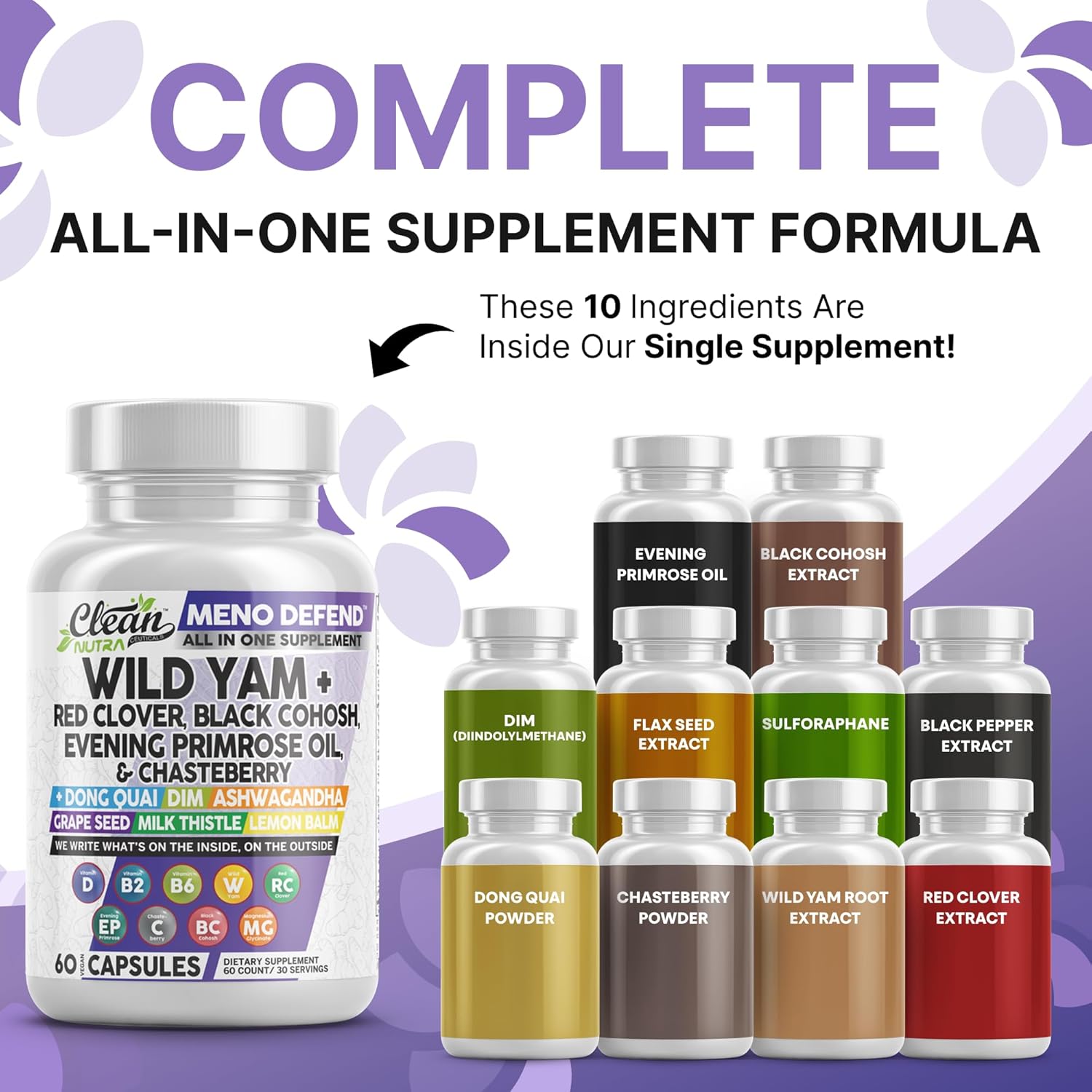 Clean Nutra Wild Yam Root Capsules with Red Clover Black Cohosh Evening Primrose Oil Chasteberry Dong Quai DIM Ashwagandha Grape Seed Extract Milk Thistle Lemon Balm and more Hormone Balance For Women - Image 2