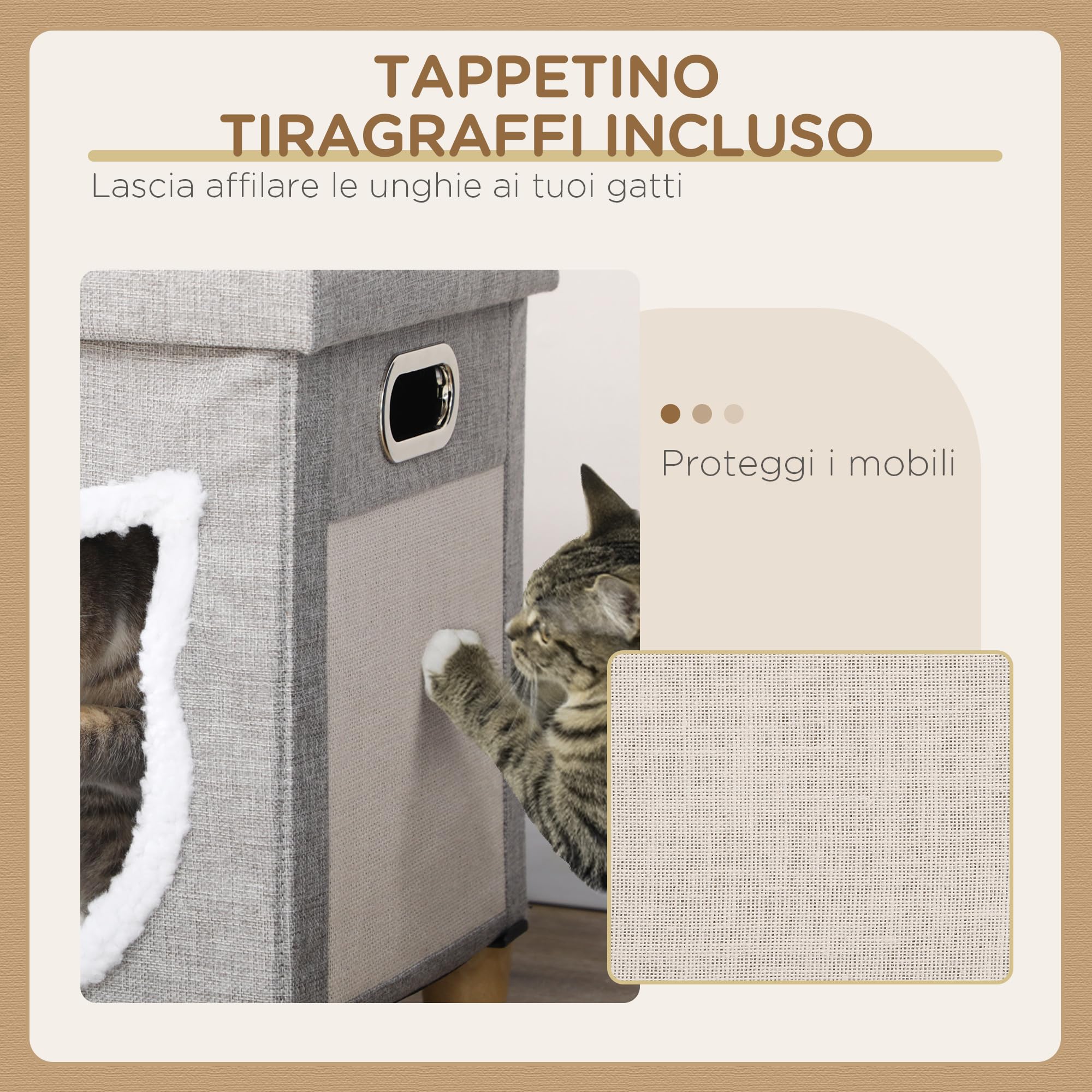 PawHut Casetta per Gatti con Tappetino Tiragraffi, Cuscino Lavabile e Pallina Giocattolo, Cuccia Gatti in MDF, Tessuto Effetto Lino, Peluche e Sisal, 35.5x35.5x42.5 cm, Crema e Grigio