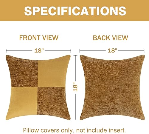 Miniatura 7 de Juego de 2 fundas de almohada decorativas bohemias de 18 x 18 pulgadas de felpilla amarilla con empalme de terciopelo, funda de cojín rústica