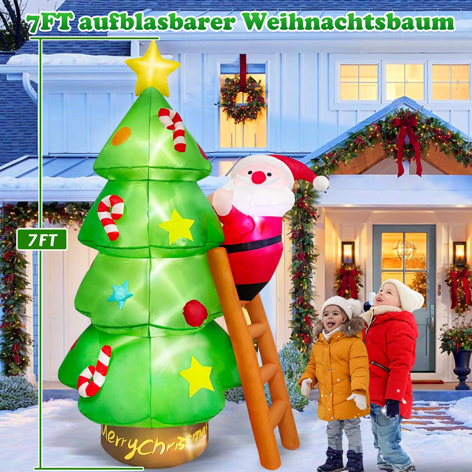 Danxilu Opblaasbare kerstversiering, set van 2 kerstversieringen, opblaasbare kerstman met heldere leds en opblaasbare sneeuwpop met roterende leds voor tuin, gazon, tuin, vakantie, feest, veranda