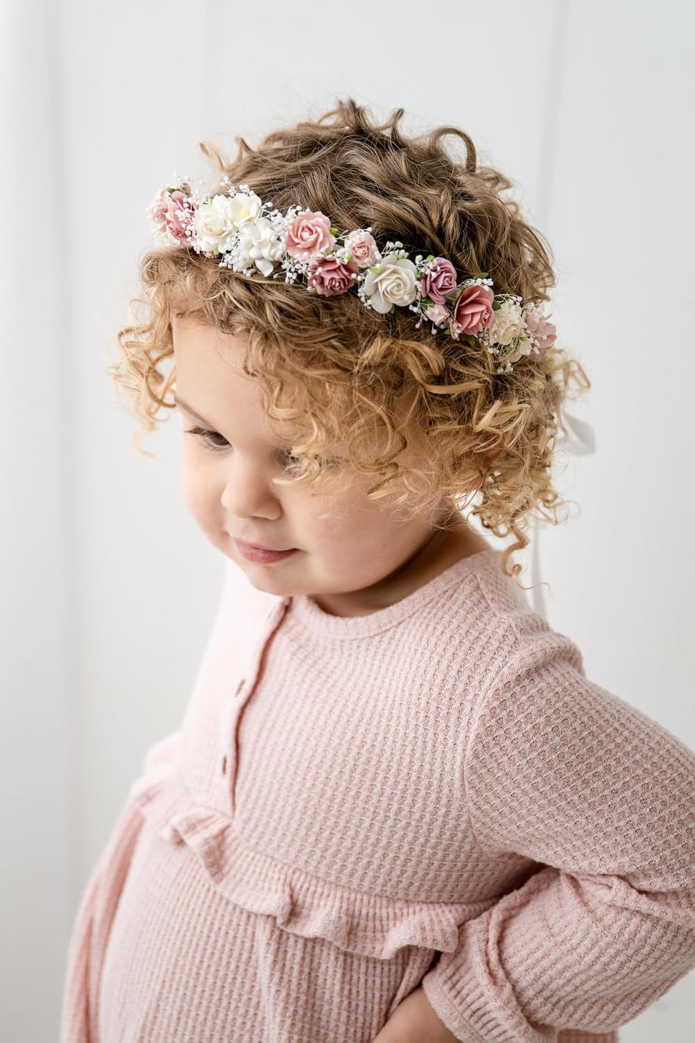 Blush Pink Flower Girl Crown with Baby's Breath Headpiece Young Girl Floral Hair Wreath Rustic Wedding Hair Accessories Headband for Child(43cm length) - Image 2