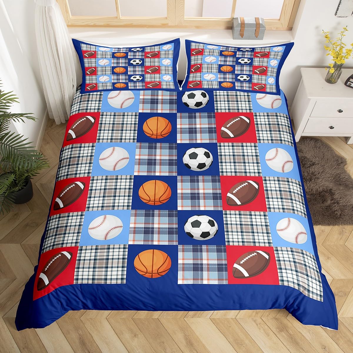 feelingyou Sports Duvet Cover Set Basketball Baseball Football Soccer Comforter Cover Geometric Checkered Bedding Set 2pcs for Kids Boys Teens Sports Gaming Quilt Cover with 1 Pillowcase, Single Size โ image 1