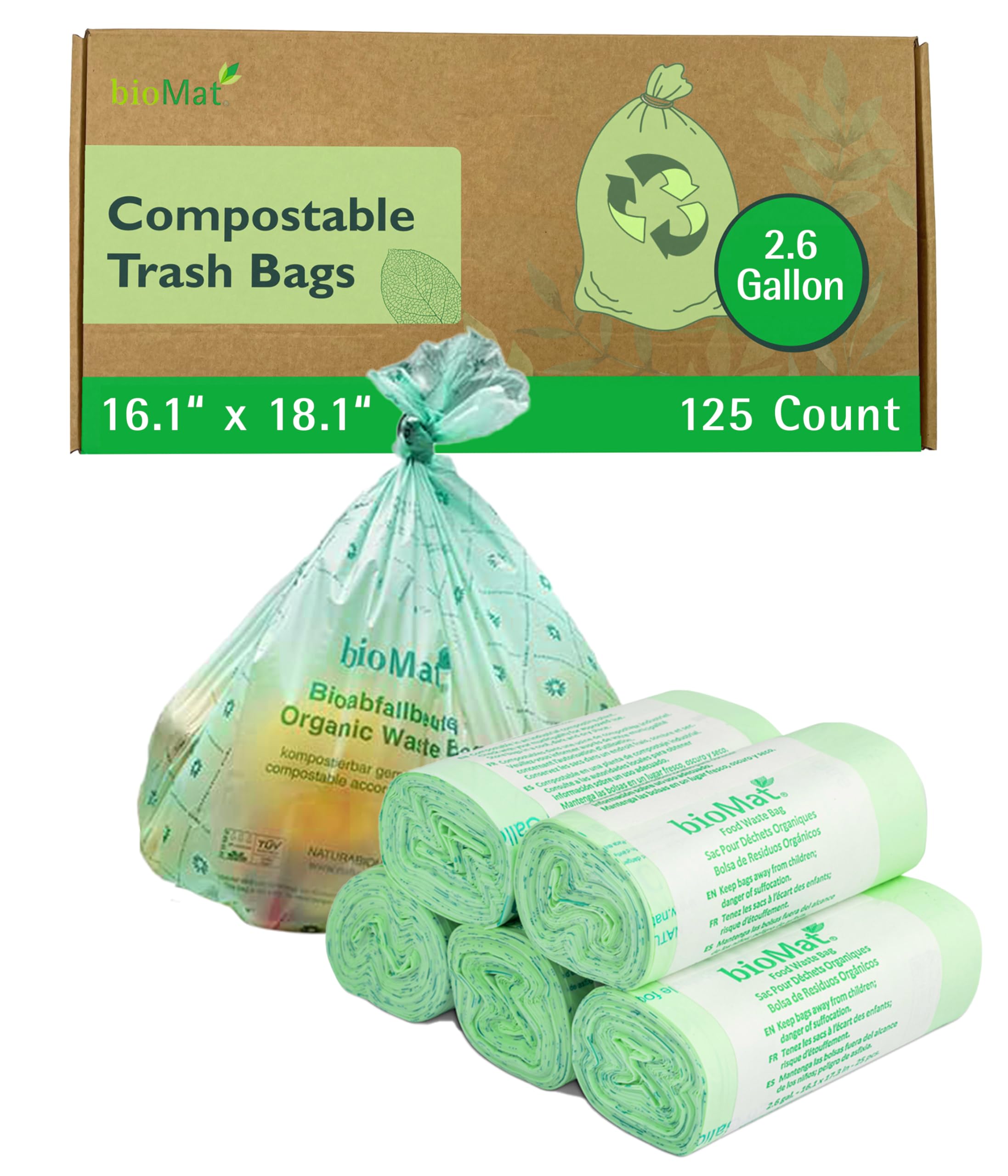 bioMat Compostable Trash Bags 2.6 Gallon, 125 Count, Small flat top Kitchen Food Scrap Bin Liners, BPI, CMA and OK Compost HOME certified, Meets the