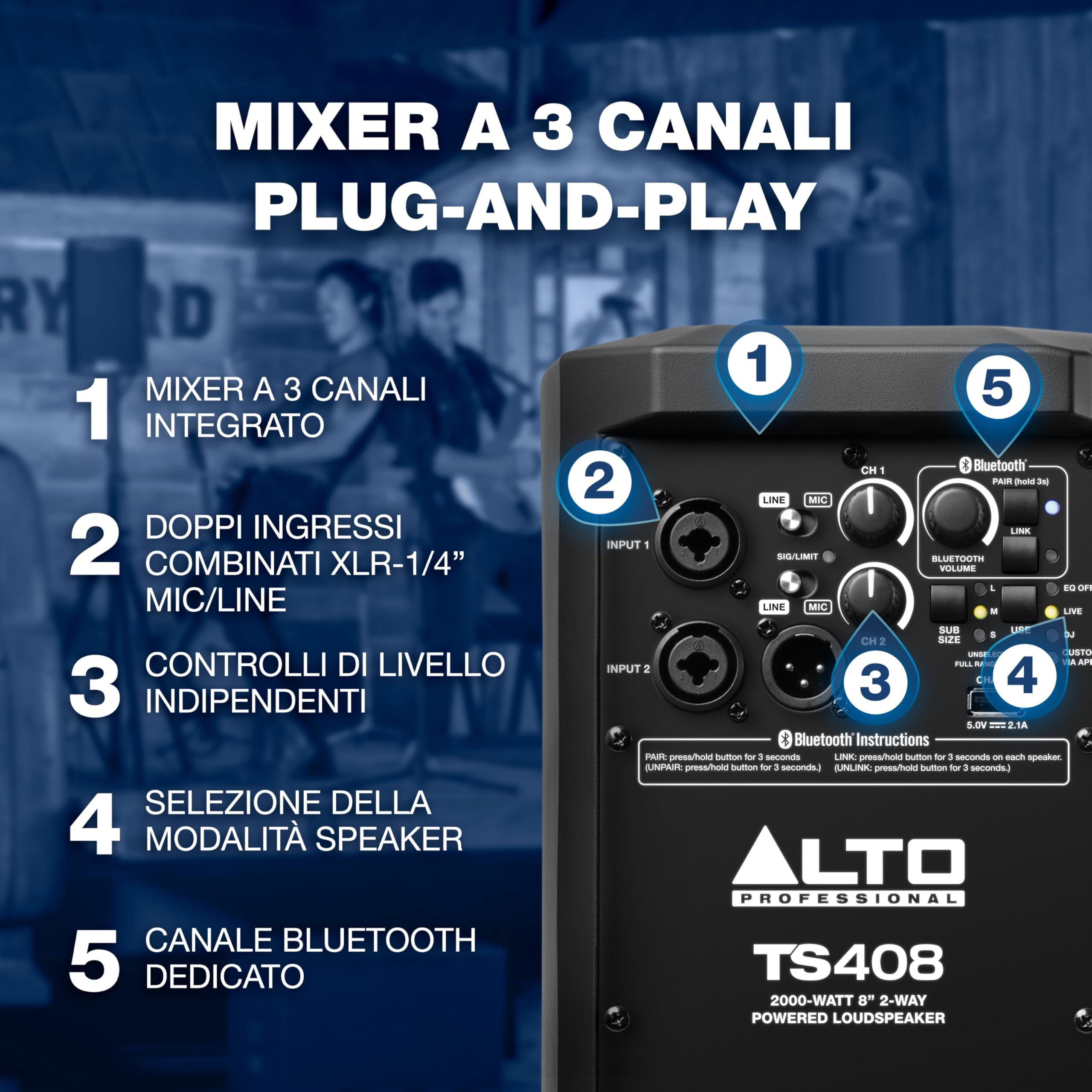 ALTO TS408 Cassa Amplificata Attiva da 8" e 2000W, Potente con Bluetooth, Mixer a 3 Canali, Connessione tra Altoparlanti Wireless, DSP e App