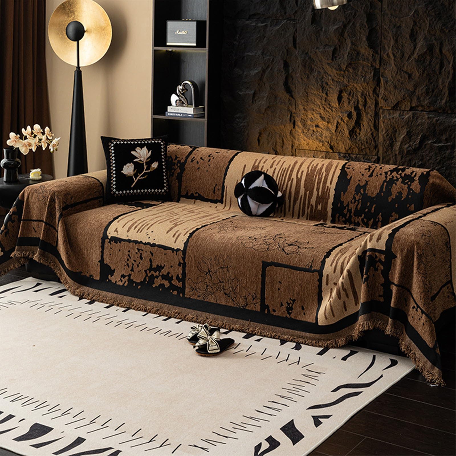 VanderHOME Throws for Sofas Chenille Sofa Throw, Chinese Classical Style Sofa blanket Jacquard Woven Versatile Decorative Throw for Sofa, Bedspread and Settee 180 * 130cm-Curry