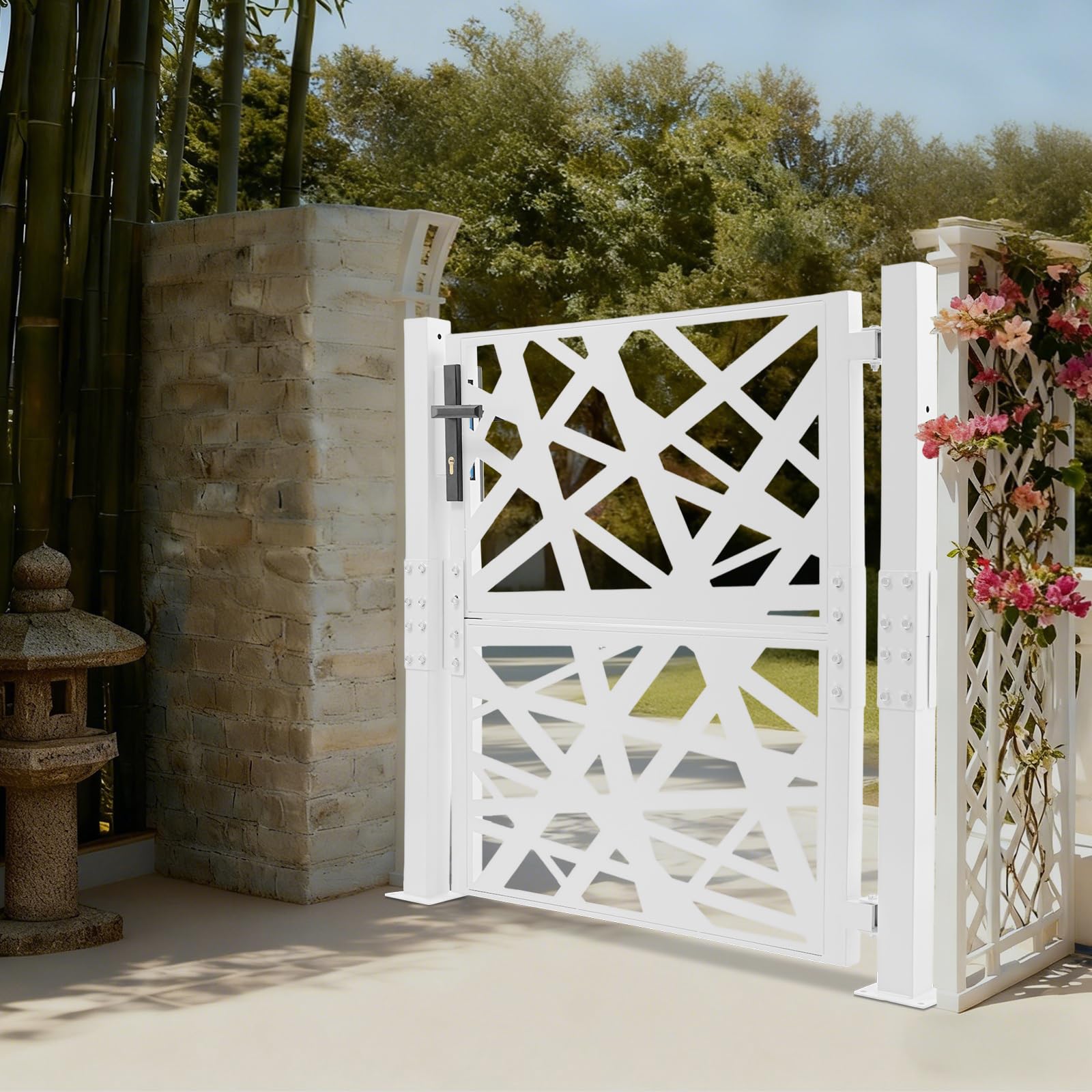 Cancello da giardino in metallo, porta da giardino in acciaio, chiudibile a chiave, cancello del cortile e cancello d'ingresso per giardino, terrazza e vialetto con design a motivo geometrico forato