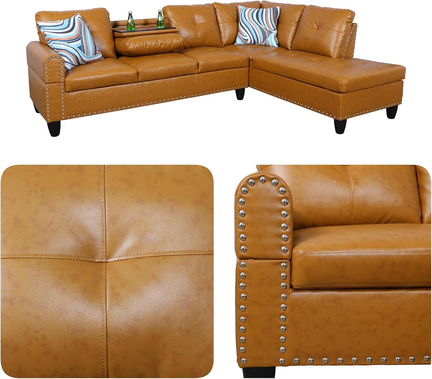 97.5" L Shaped Couch Set, Modular Sectional Couches for Living Room with Storage Ottoman, 4 Seat Home Sofa Living Room Furniture Sets with Chaise for Apartment (Leather, Ginger Yellow)