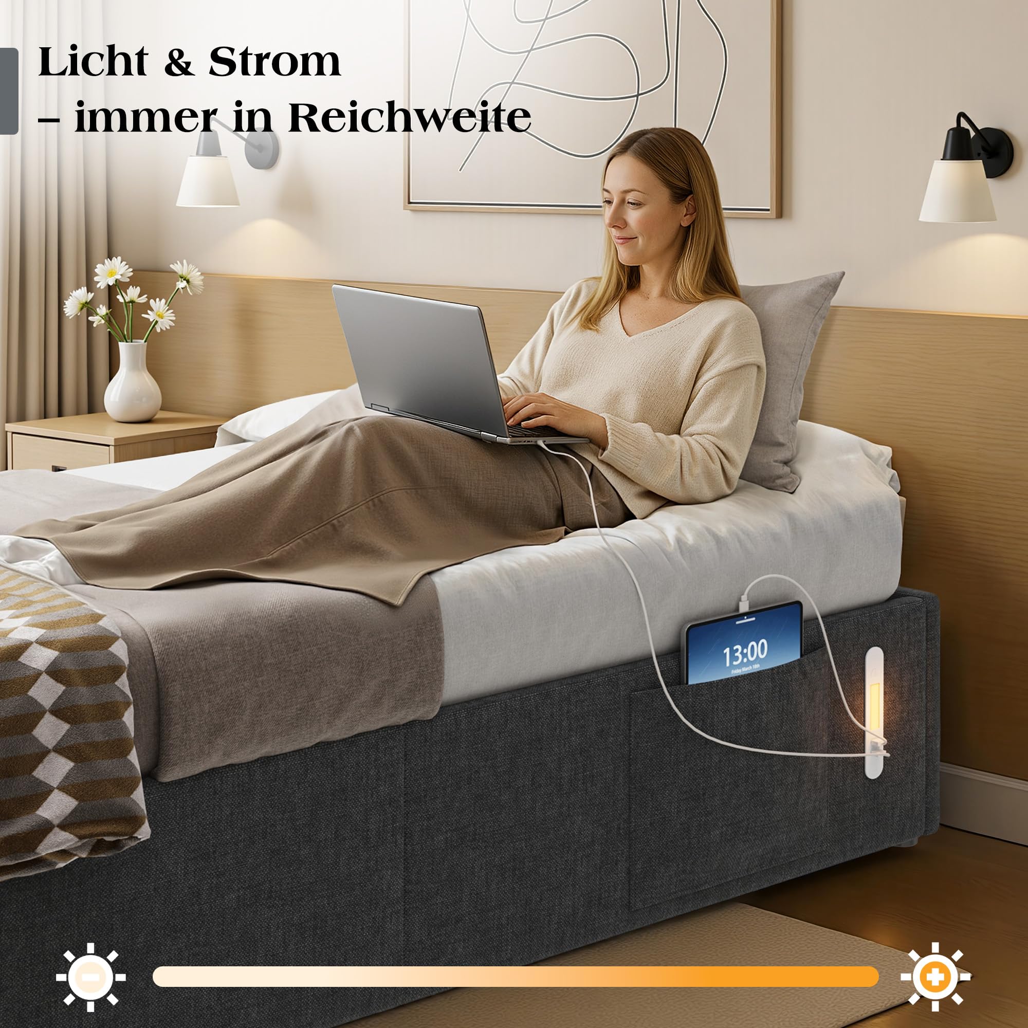 LUXOAK Bett 140x200 cm mit Stauraum und Gasdruckfeder, USB-Anschluss, LED-Nachtlicht, Seitentasche, geräuscharm, einfache Montage, kein Boxspring nötig, grau