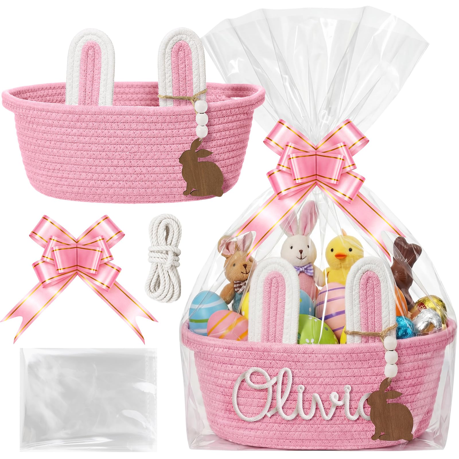 SiliFine Custom Easter Basket Personalized Easter Bunny Gift Basket with Name Rope Bow Ribbons and Gift Bag for DIY, Egg Hunt, Girls, Boys(Pink)-image-47