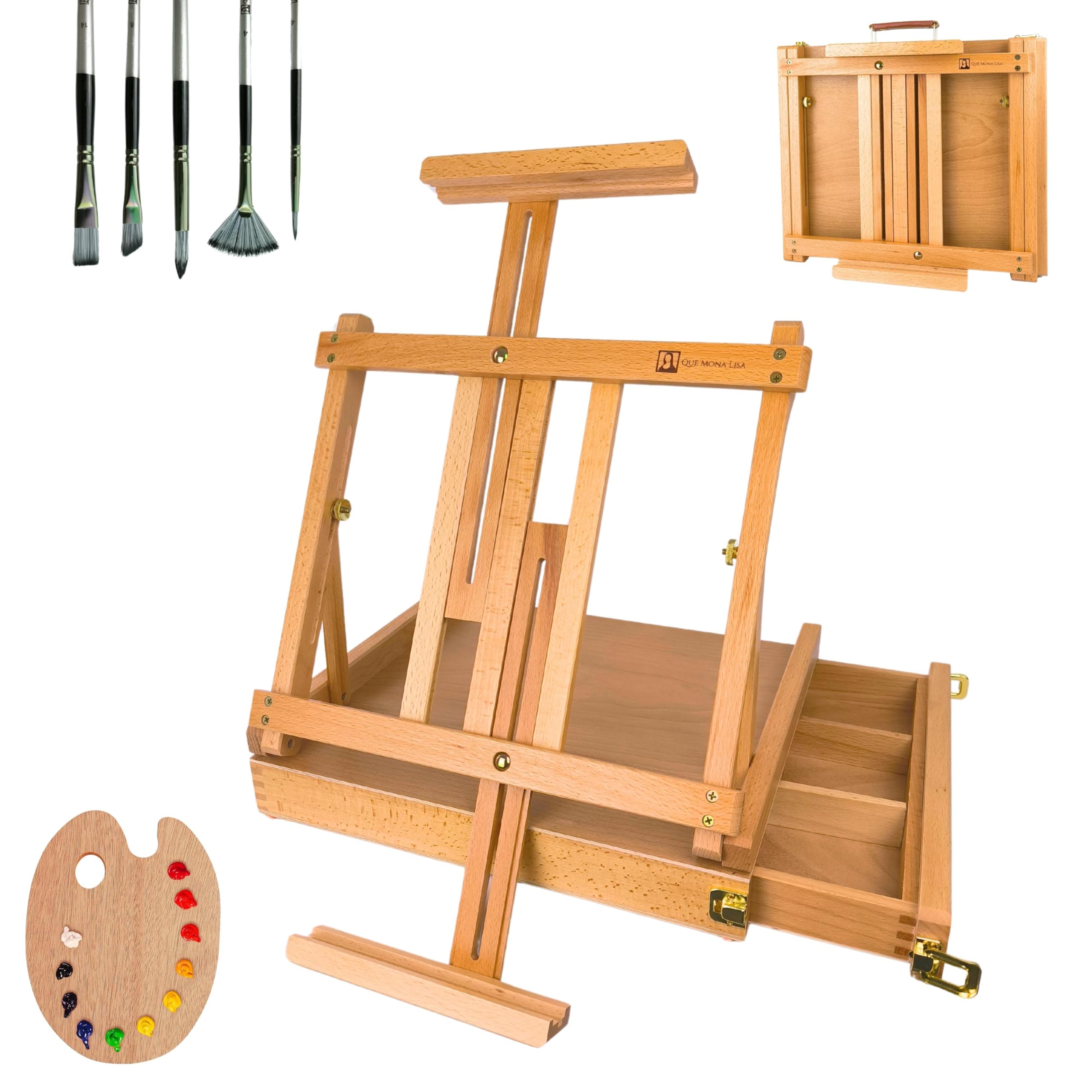 QUE MONA LISA Caballete mesa plegable profesional GAUGUIN con cajon. Incluye pinceles y paleta de pintura. Ajustable para lienzos grandes y pequeños. Maletin Madera de Haya. Adultos, niños