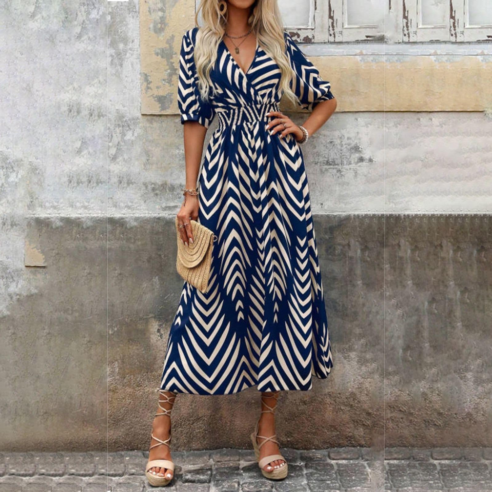 Sommerkleid Damen Lang Elegant Maxikleider Damen Sommer V Ausschnitt Tailliertes Kleider mit Ärmel A Linie Strandkleid Leicht Und Luftig Schickes Kleid Frauen Curvy Kurzarm Damenkleider