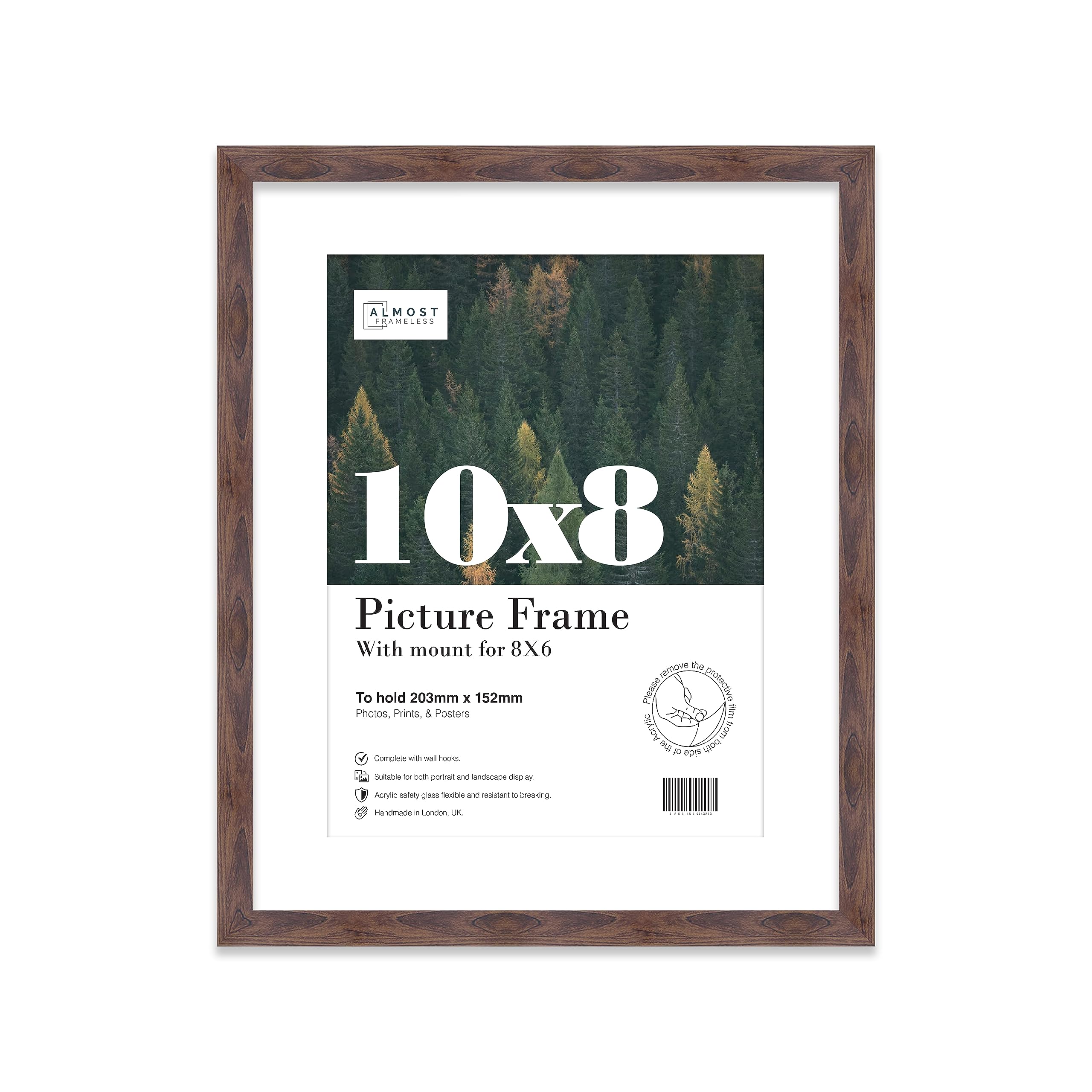 Almost Frameless 10x8 Walnut Picture Frame With Mount for 8x6 Print, Poster or Photo Poster, Photo, Artwork, or Print. Thin Edge Slim Frame Portrait and Landscape Display with Wall Hooks