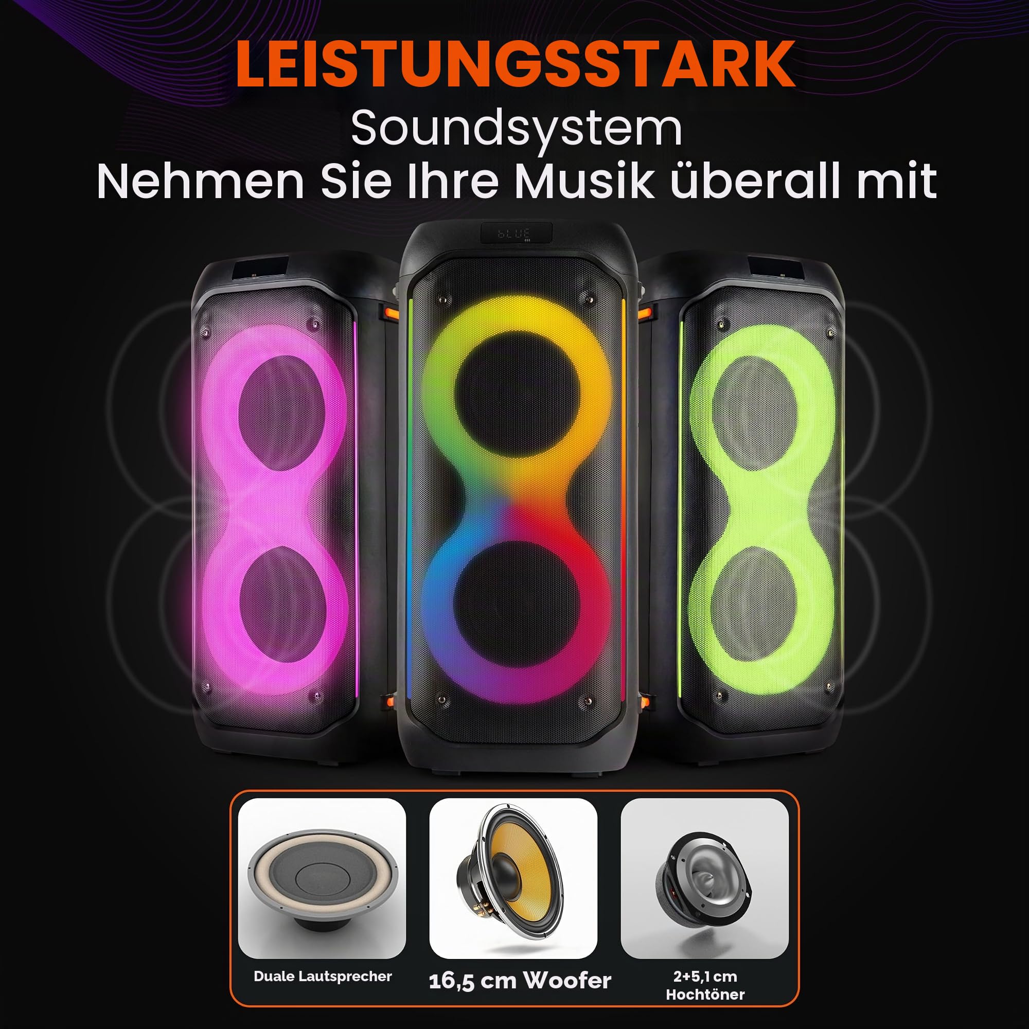 Pyle Bluetooth-Party-Lautsprecher 160W, Karaoke-System mit 2X 6,5", Mikrofon, Akku, USB/SD/FM/TWS, Partylichter & Tasche, 30x30x67 cm