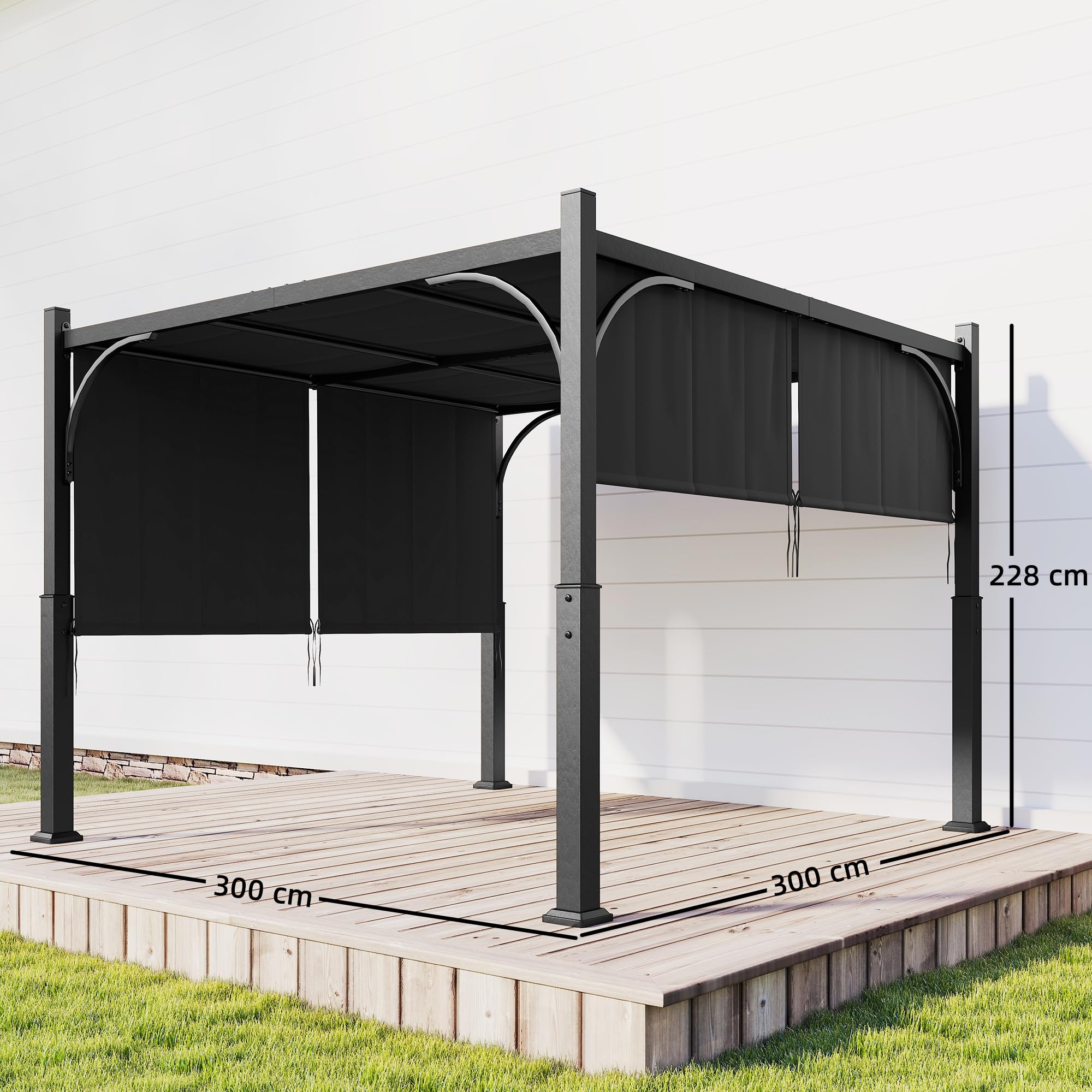 Outsunny - Pergola de jardín, 3 x 3 m, cenador de jardín, con toldo deslizante, estructura metálica, cobertizo solar exterior para terraza o balcón, color gris oscuro