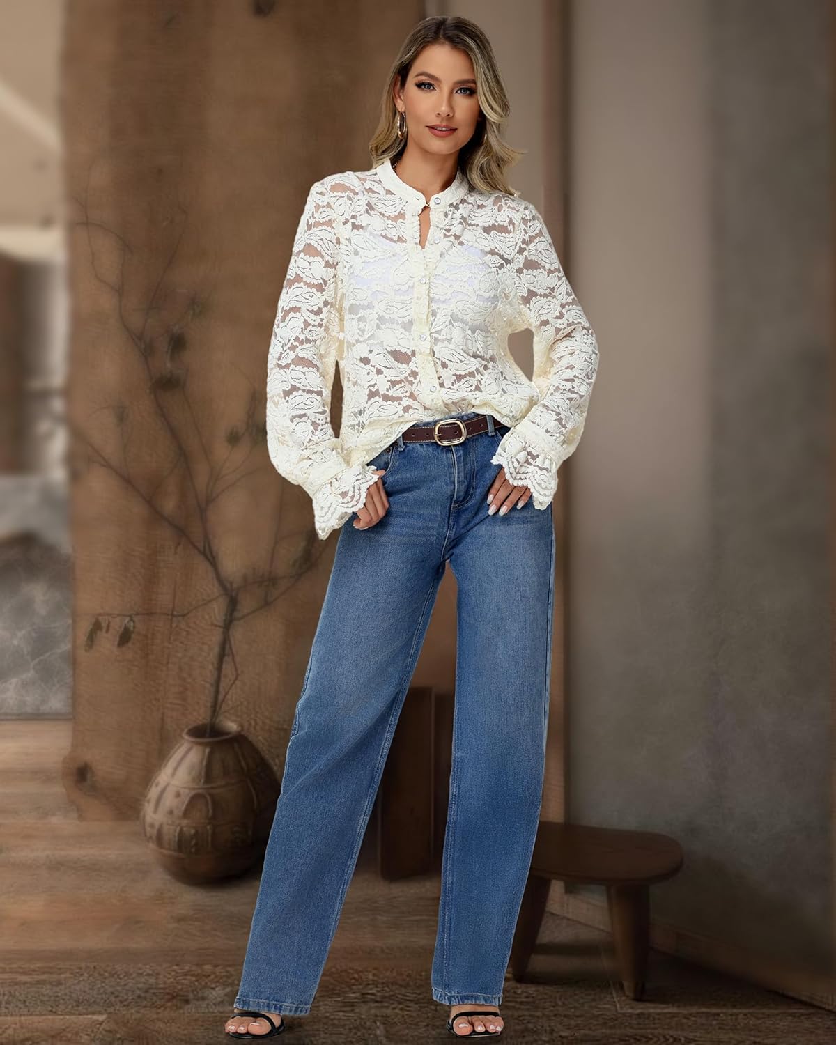 Long Sleeve Lace Blouse for Women Dressy Button Down Shirt Crew Neck Eyelet Top Elegant Casual Work Wear - Image 7