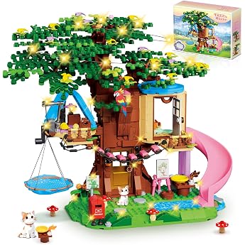 Tree House Building Set Compatible with Friends 731 Pieces Forest Tree House Construction Kit Toy for Girls with LED Light Cat Slide and Sky Hammock Christmas Birthday Gifts for Girls 6-12 Years