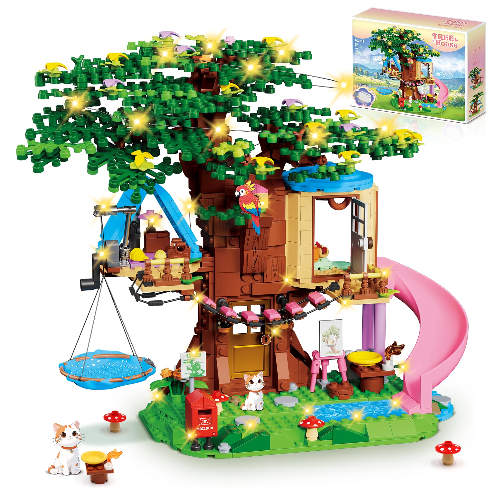 Set di Costruzioni Casa sull'albero Compatibile con Friends, Kit Casette sull'albero Nella Foresta 731 PCS con Luce LED, Gatto, Scivolo Amaca Sospesa, Regalo Natale Compleanno Bambina 6-12 Anni