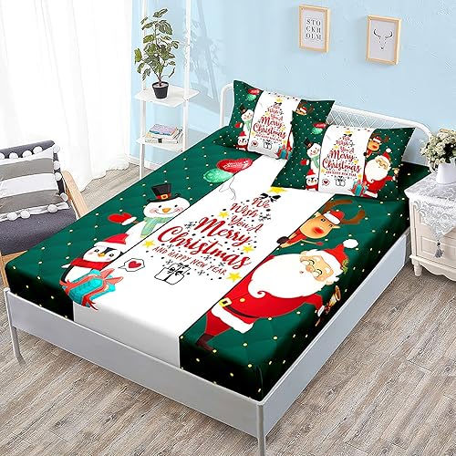 Miniatura 10 de ZYFAB Christmas Fitted Sheet Set Elk Bedding Sheet SetUltra Soft Bed Cover Christmas Tree Printed Bedspread New Year Gift Bedroom DecorFSingle