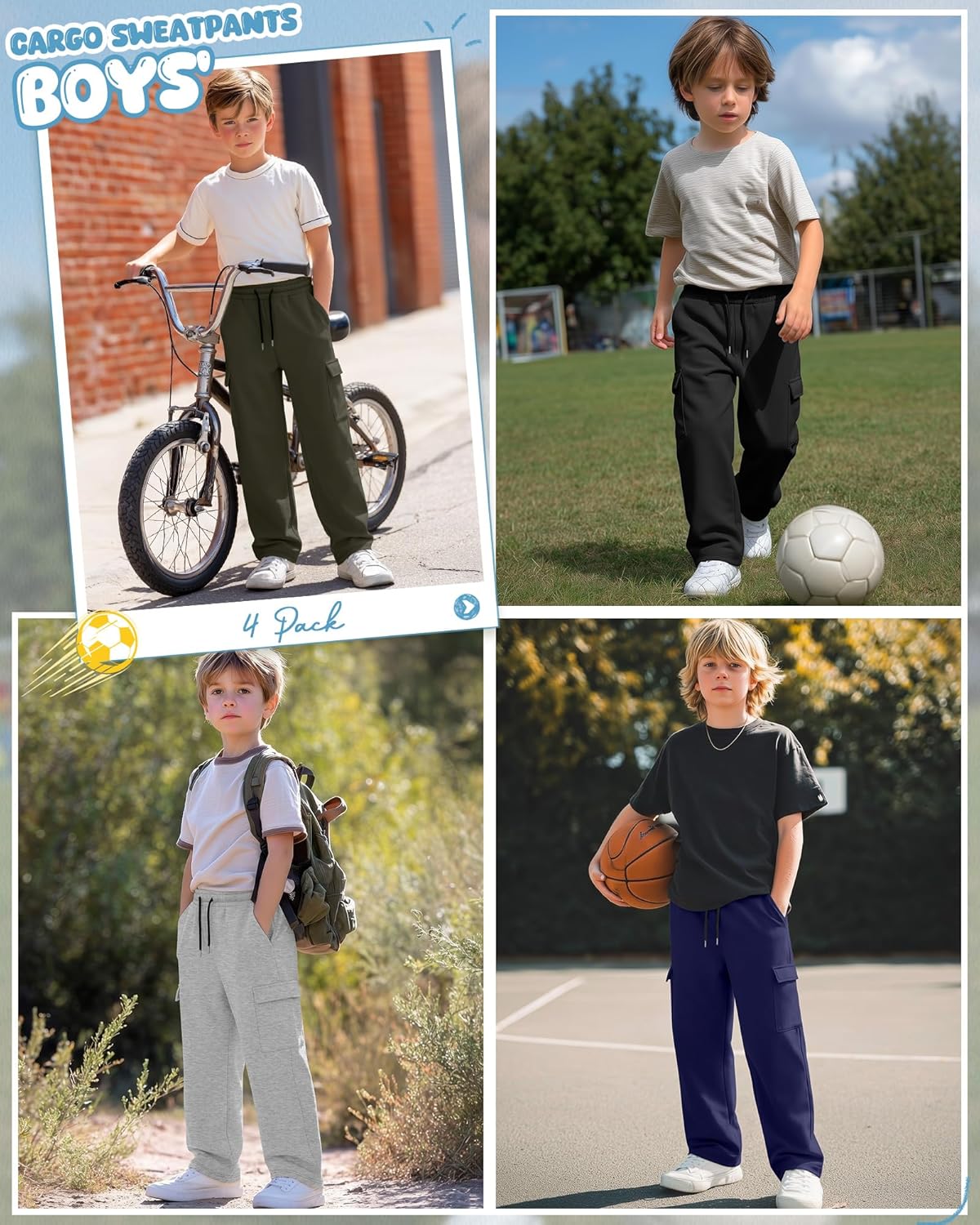 4 Pack Boys Cargo Sweatpants Athletic Straight Leg Pants Kids Lightweight Open Bottom Joggers Drawstring Pockets - Image 2
