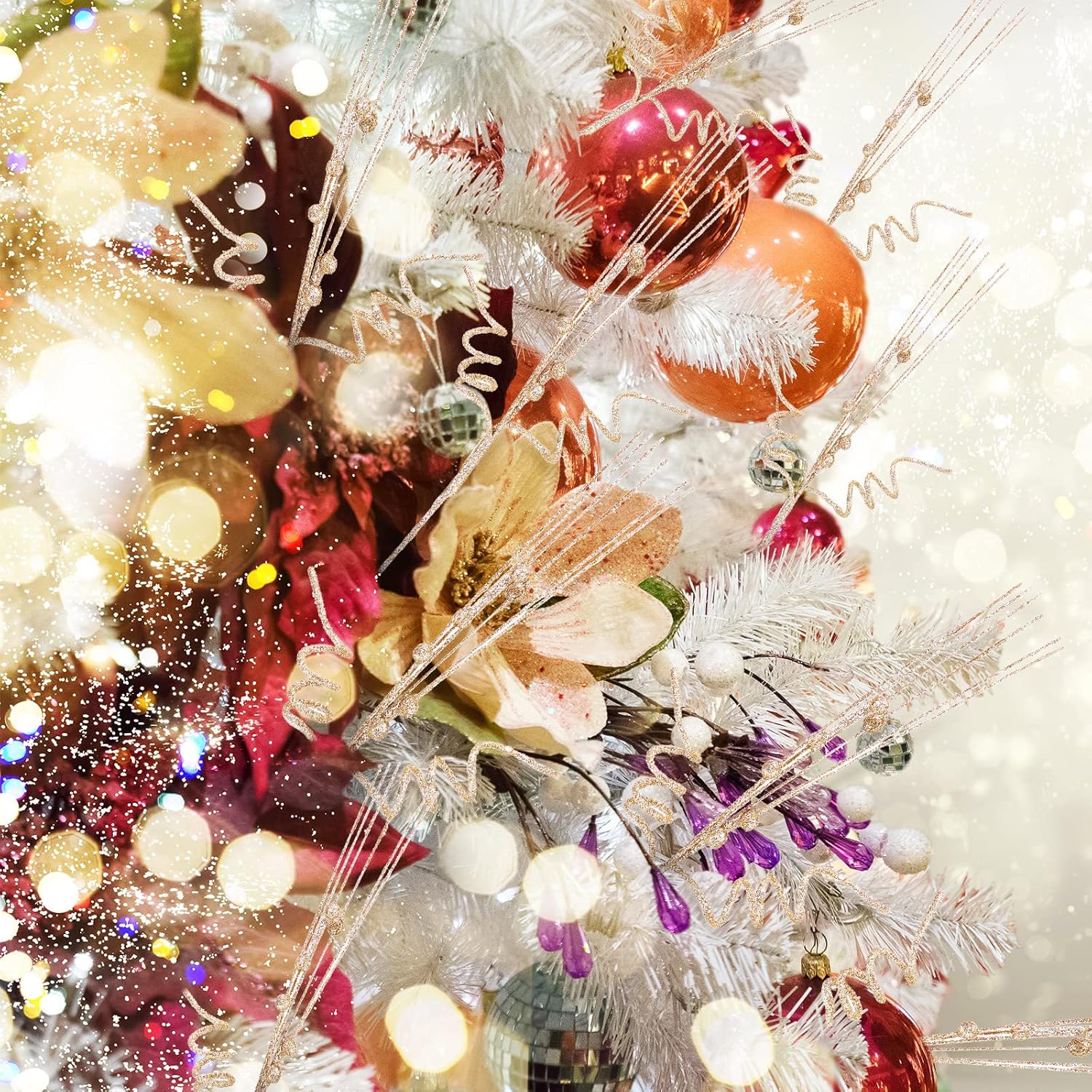 Xinnun 30 Pcs Christmas Glitter Picks and Sprays for Christmas Tree Curly Berry 14 Inch Artificial Curly Stem Branches Stick Ornament for Xmas Wreath Vase Fillers Gifts Home Decoration(Champagne)