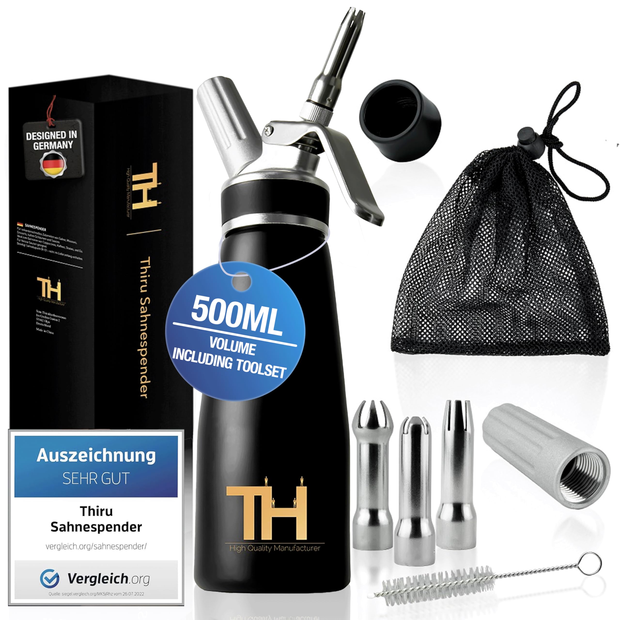 Thiru cream whipper 500 ml with toolbox – whipped cream dispenser for desserts, espuma & hot foams – eBook + 3 Stainless Steel Nozzles – 100-day trial — image 1