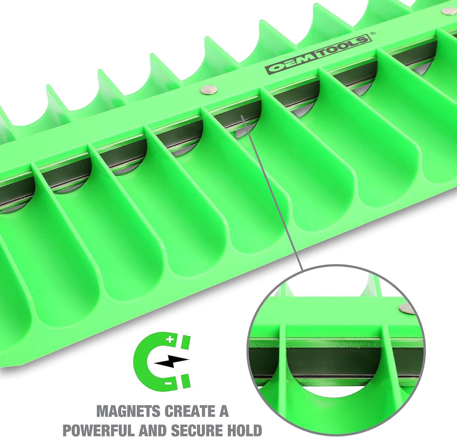 OEMTOOLS 23117 3/8" Drive Portable Magnetic Socket Organizer Tray, Magnetic Socket Holders Organizers For Tool Box, Shop, Or Garage, Holds Up To 28 Tools, Metric/SAE, Green