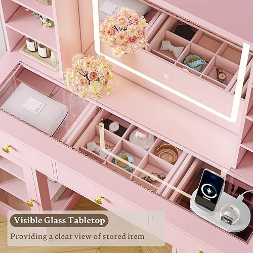 Miniatura 6 de Escritorio de tocador de maquillaje con espejo iluminado HD y toma de corriente, juego de mesa de tocador con parte superior de vidrio con cajones