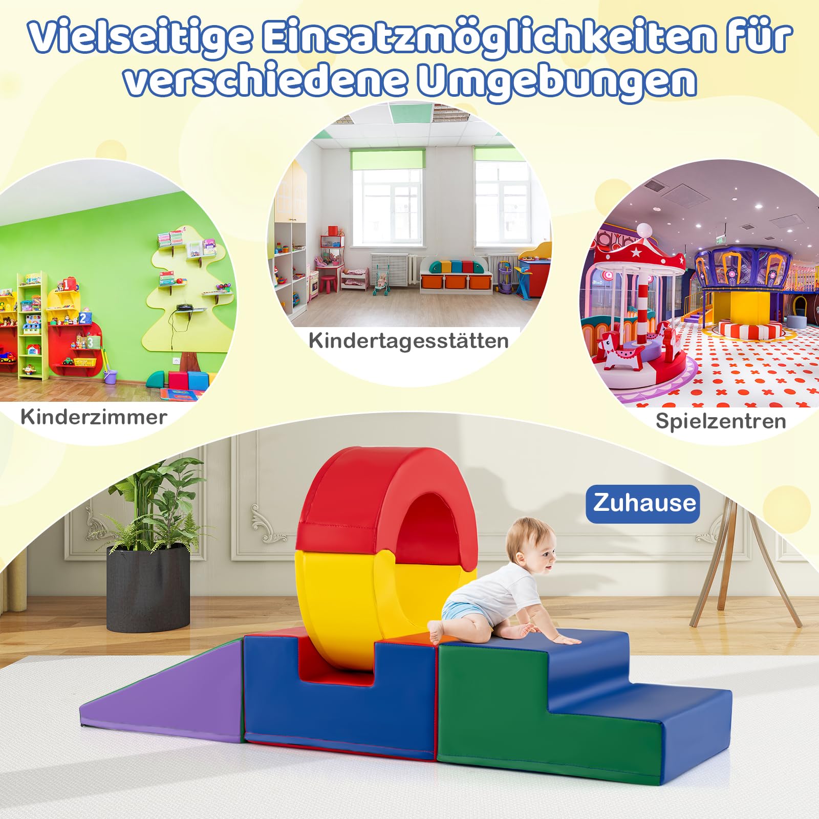 COSTWAY 5 teilige Schaumstoffbausteine Kinder, Softbausteine XXL mit Tunnel, Treppe & Rutsche, Riesenbausteine aus Schaumstoff zum Klettern & Krabbeln, Großbausteine für Kinderzimmer, Spielzimmer