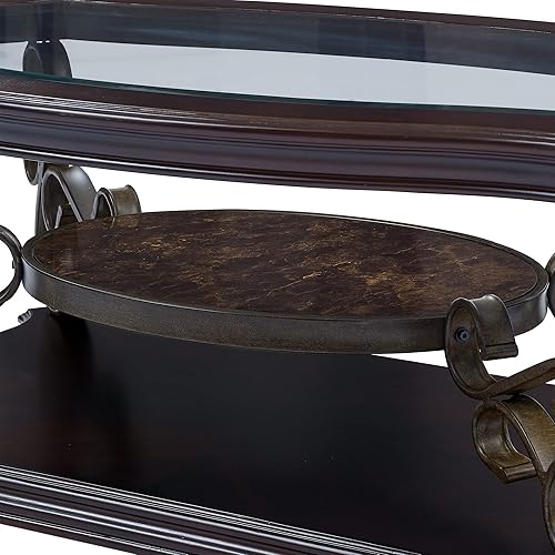 Miniatura 8 de Henf Mesa de centro tradicional con parte superior de vidrio templado y estante medio, mesa de cóctel vintage con parte superior de vidrio ovalada