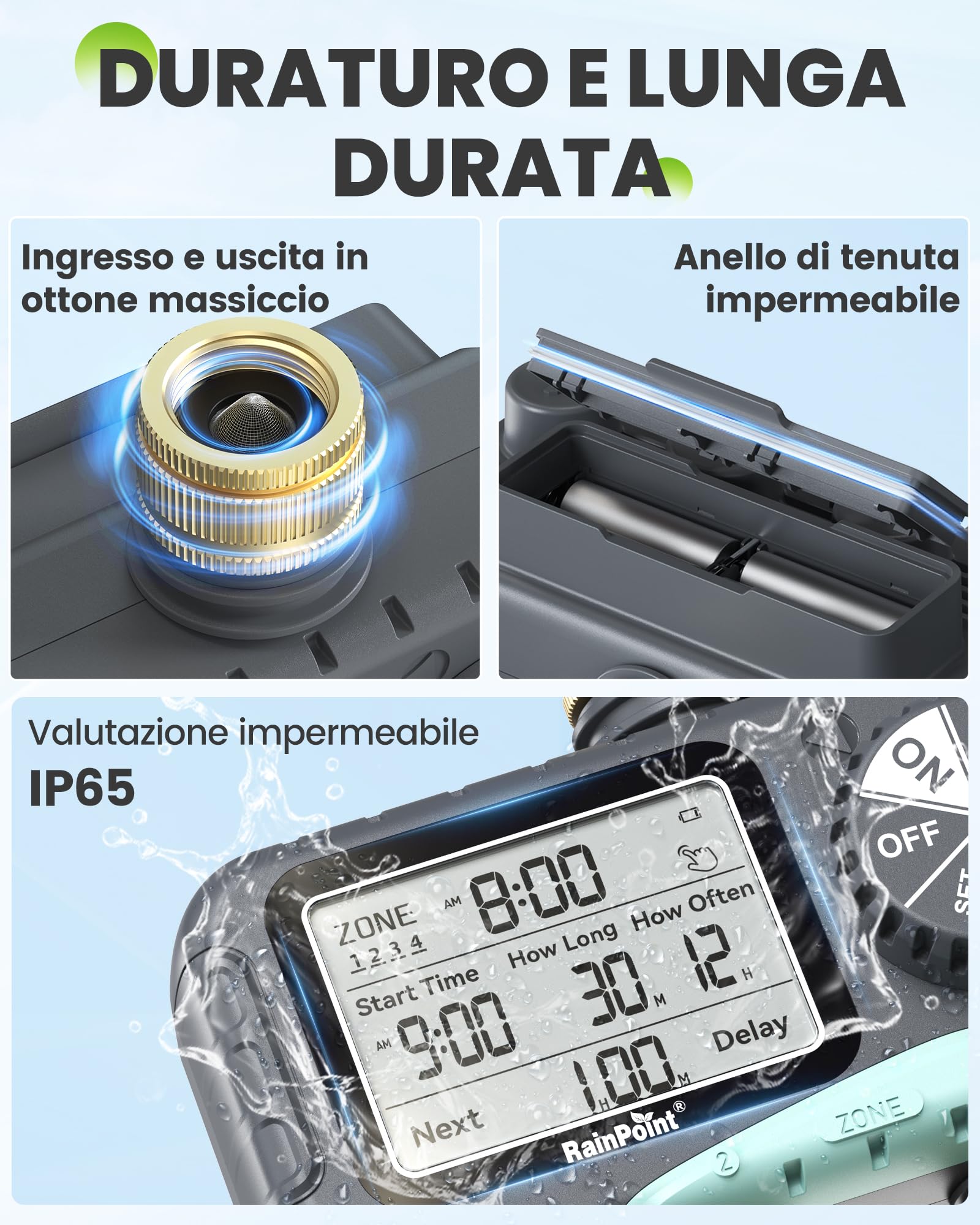 RAINPOINT Centralina Irrigazione 4 Zone, Ingresso e Uscita in Ottone, Impermeabile IP65, Timer irrigazione 4 Vie con Ritardo Pioggia/Controllo Manuale, Programmatore Irrigazione per Prato e Giardino