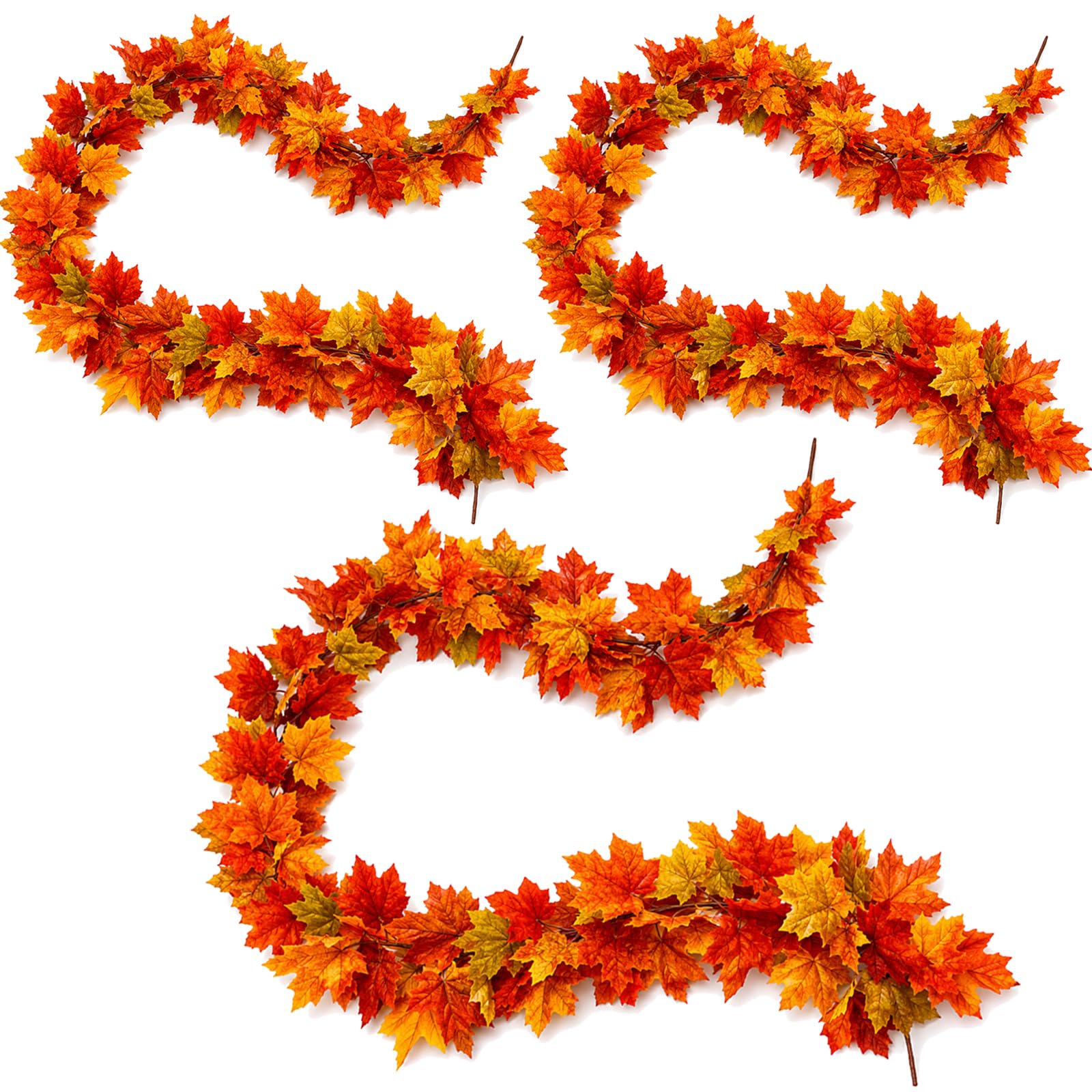 Maple Leaf Garland 3 Pack, Fall Leaves Decor for Fireplace Mantle, 5.74 Ft